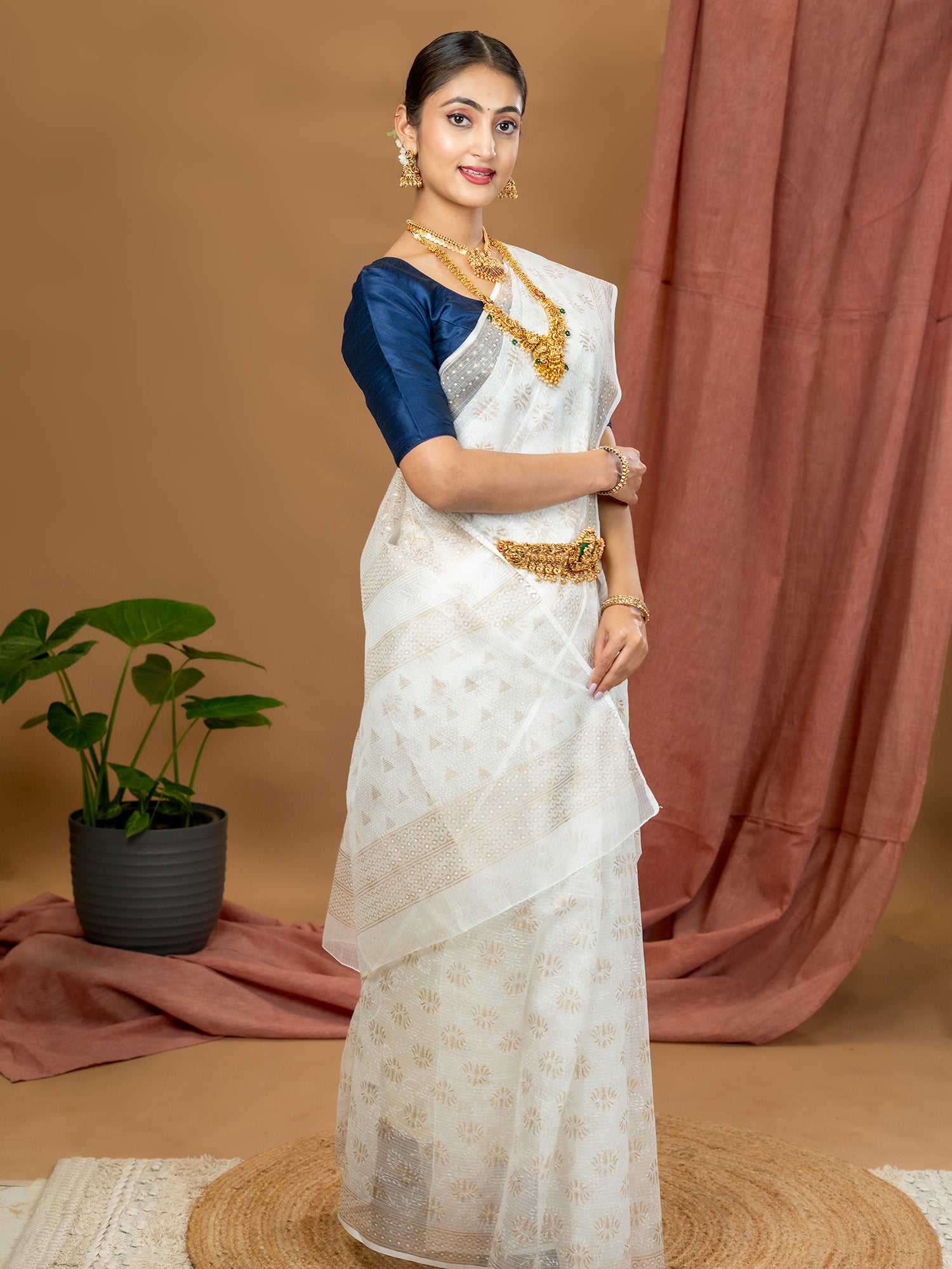 Malar Cream Hand Block Print Saree