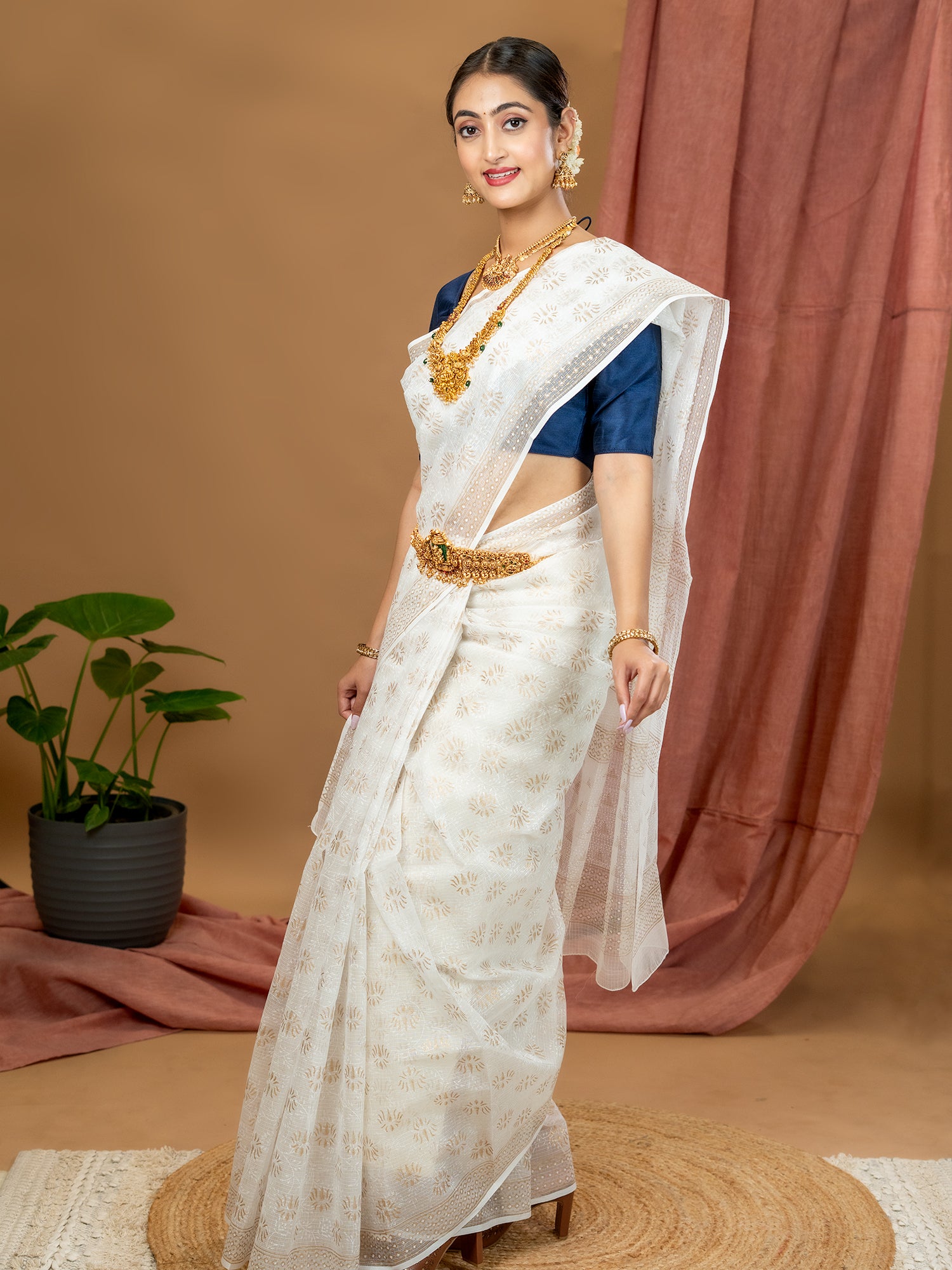 Malar Cream Hand Block Print Saree