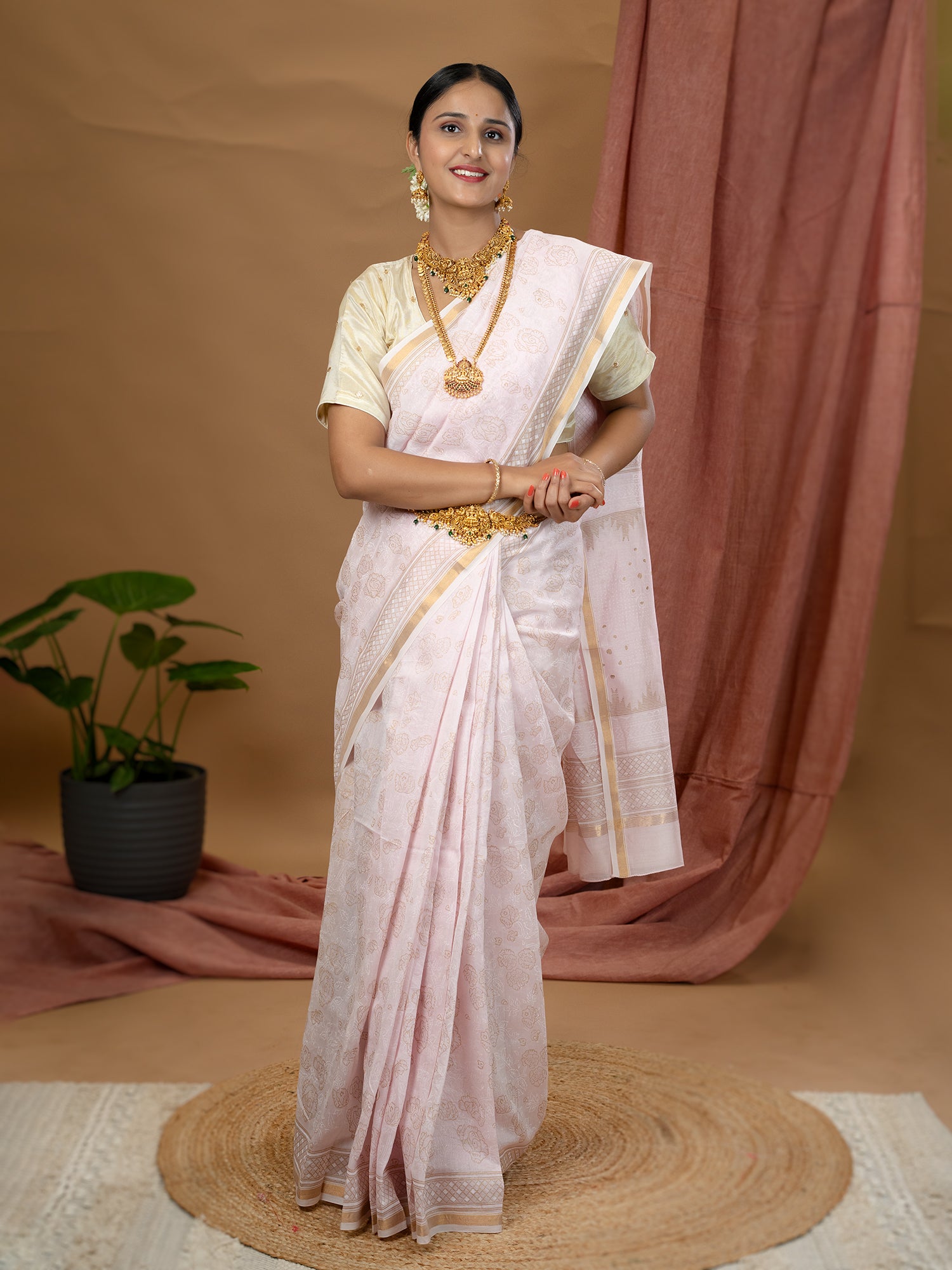 Malar Baby Pink Hand Block Print Saree