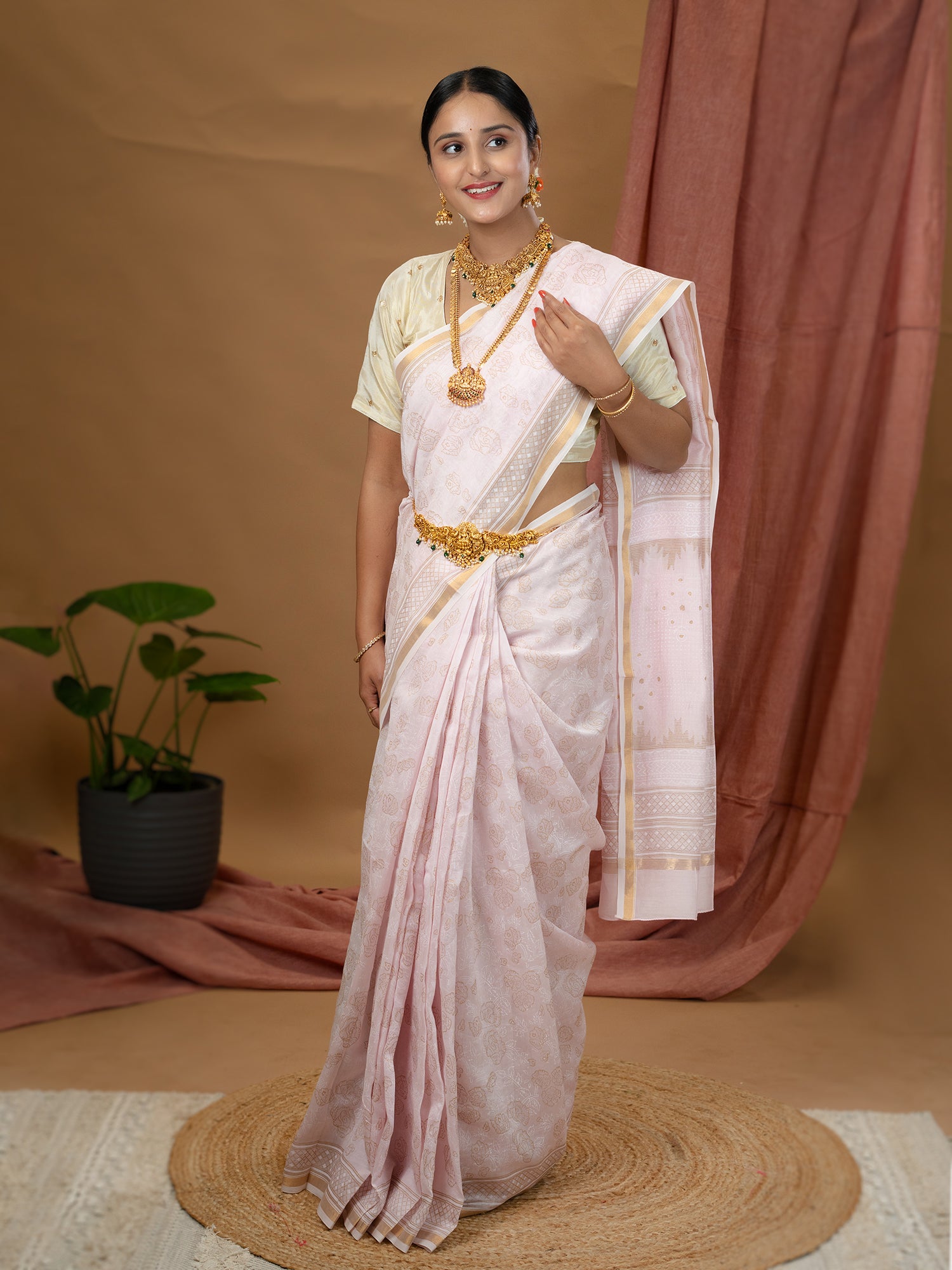 Malar Baby Pink Hand Block Print Saree