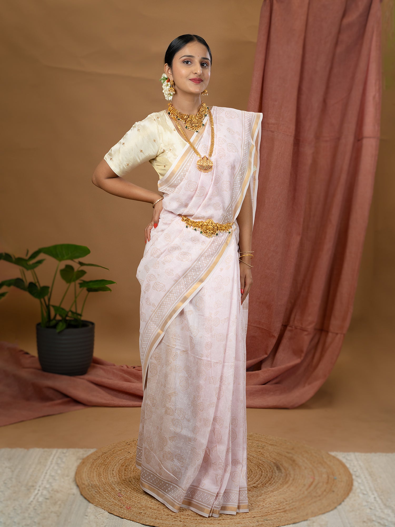 Malar Baby Pink Hand Block Print Saree