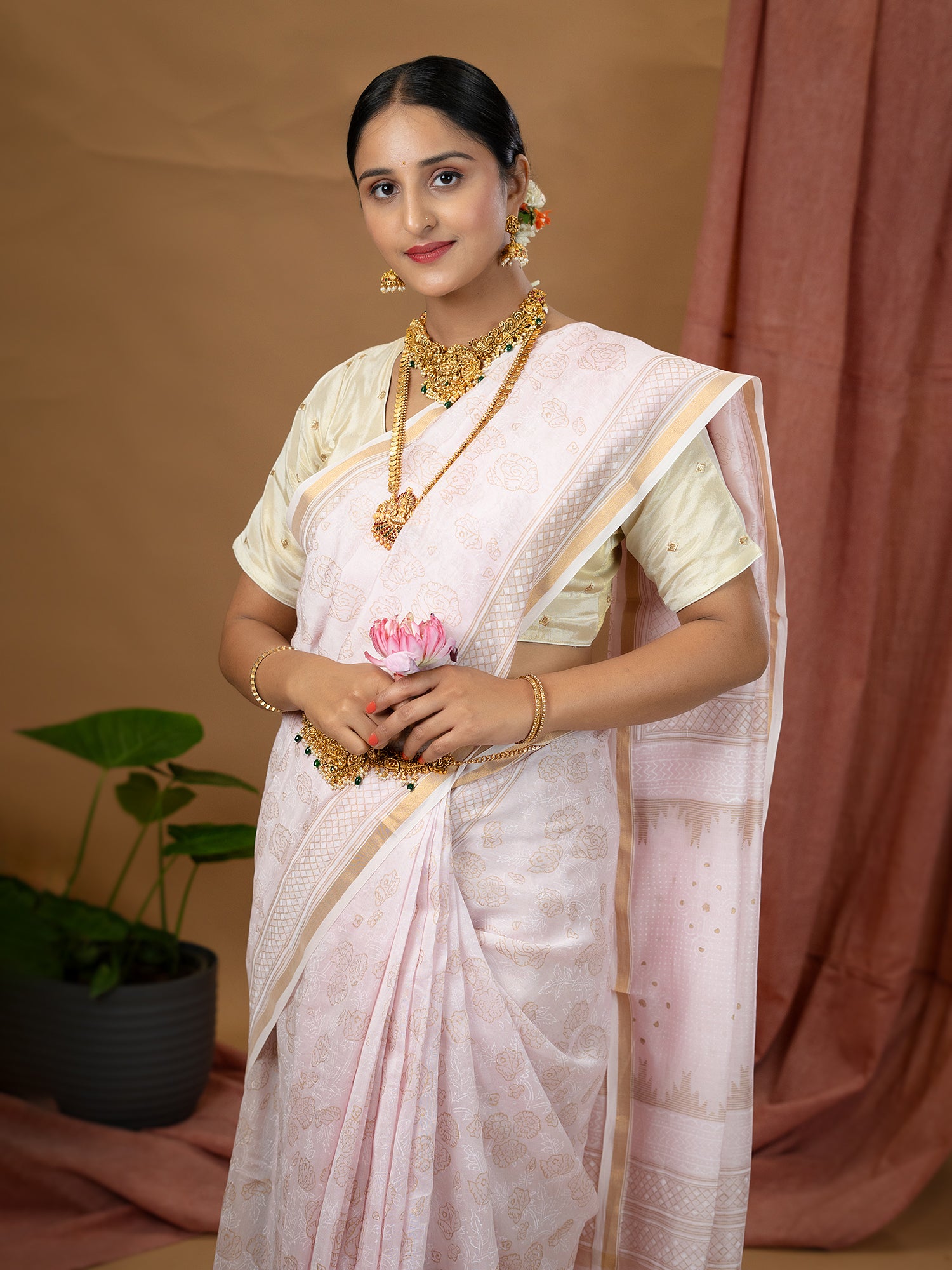 Malar Baby Pink Hand Block Print Saree