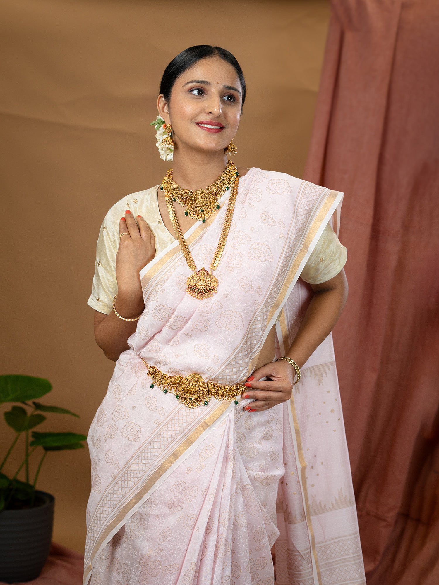Malar Baby Pink Hand Block Print Saree