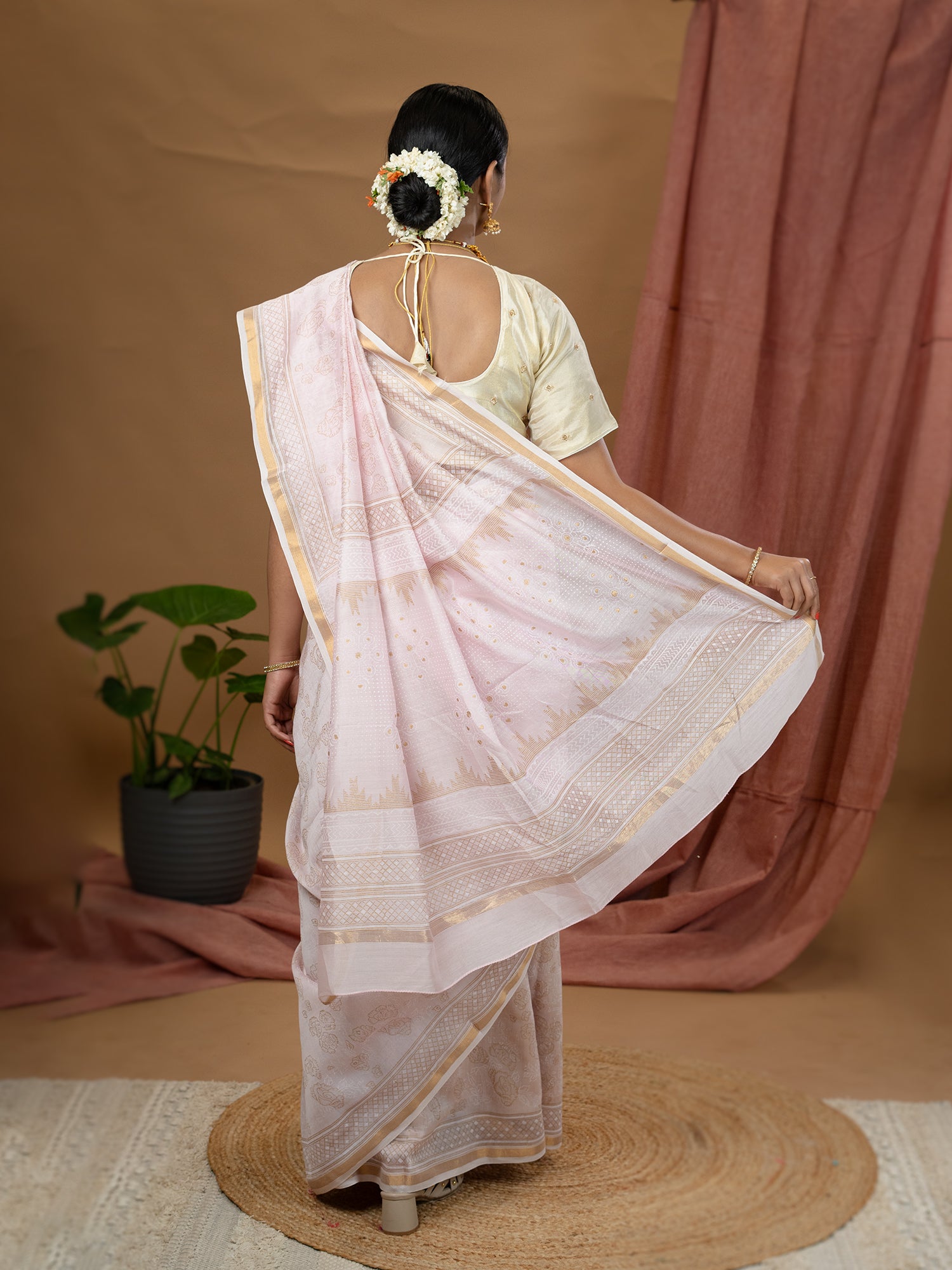Malar Baby Pink Hand Block Print Saree