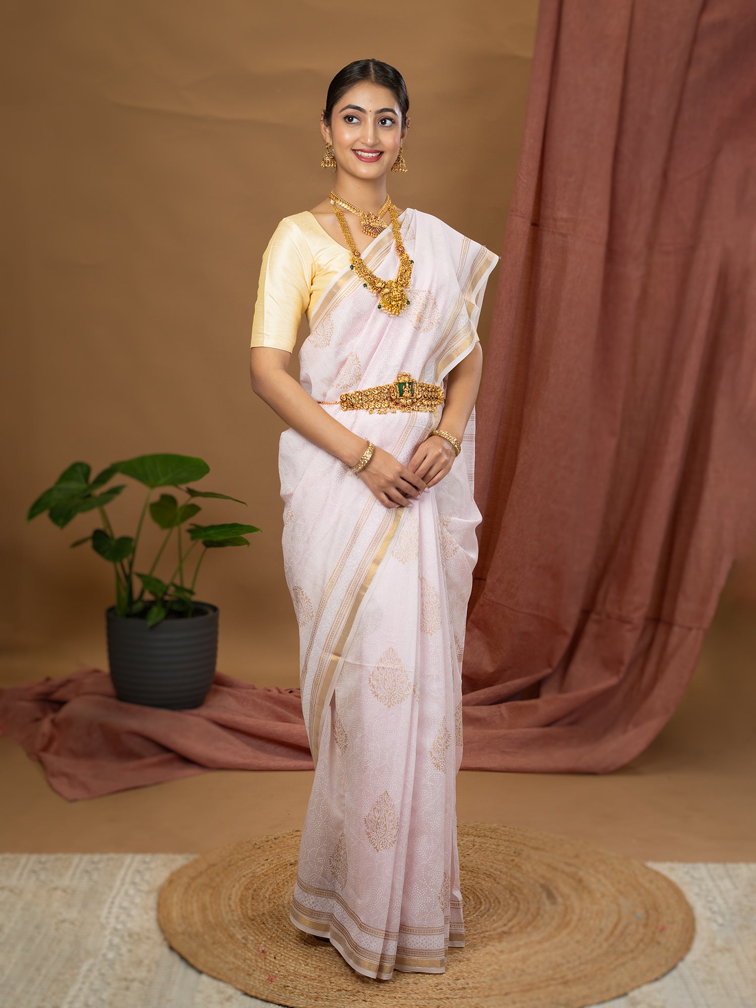 Malar Baby Pink Hand Block Print Saree