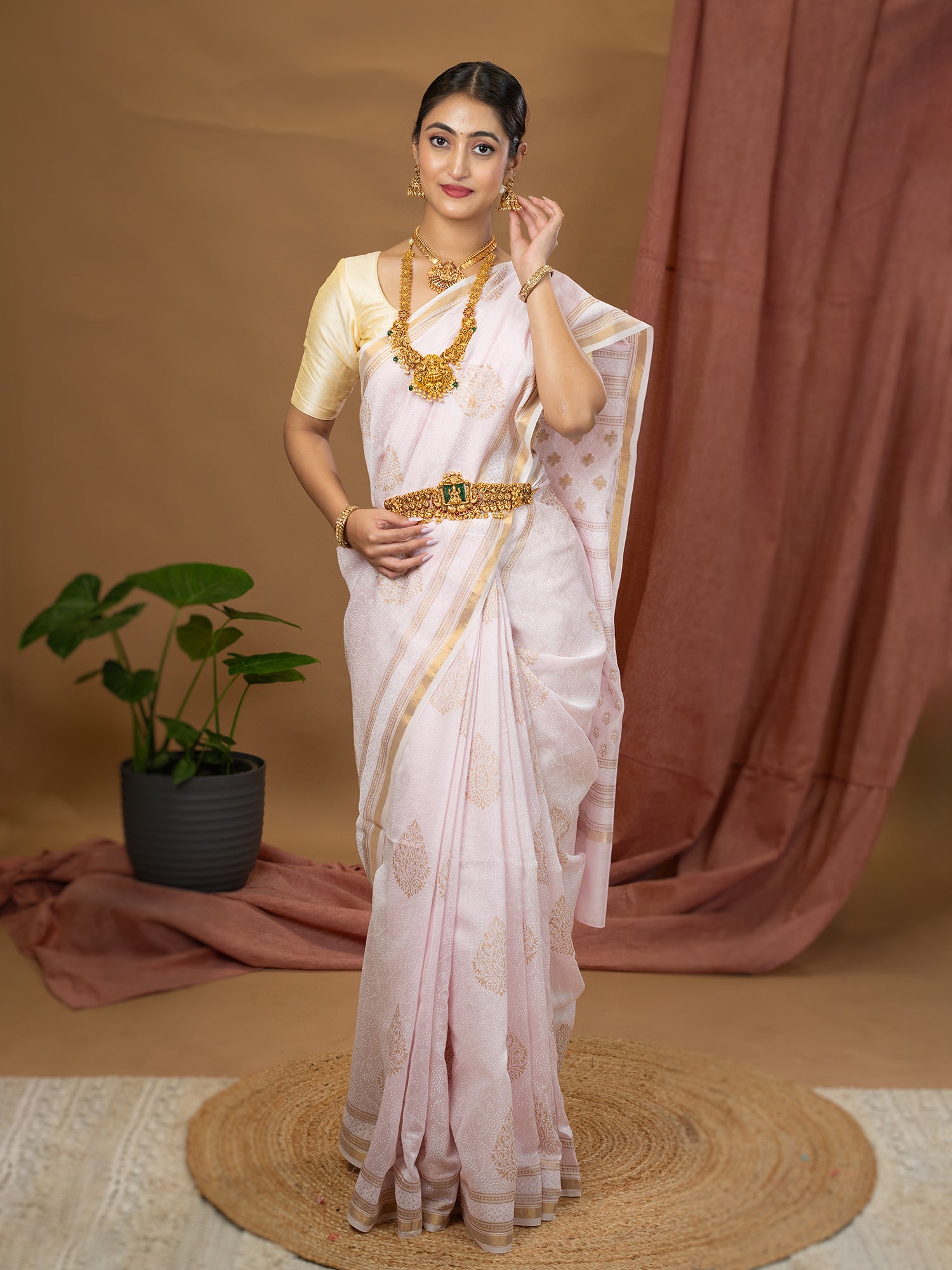 Malar Baby Pink Hand Block Print Saree