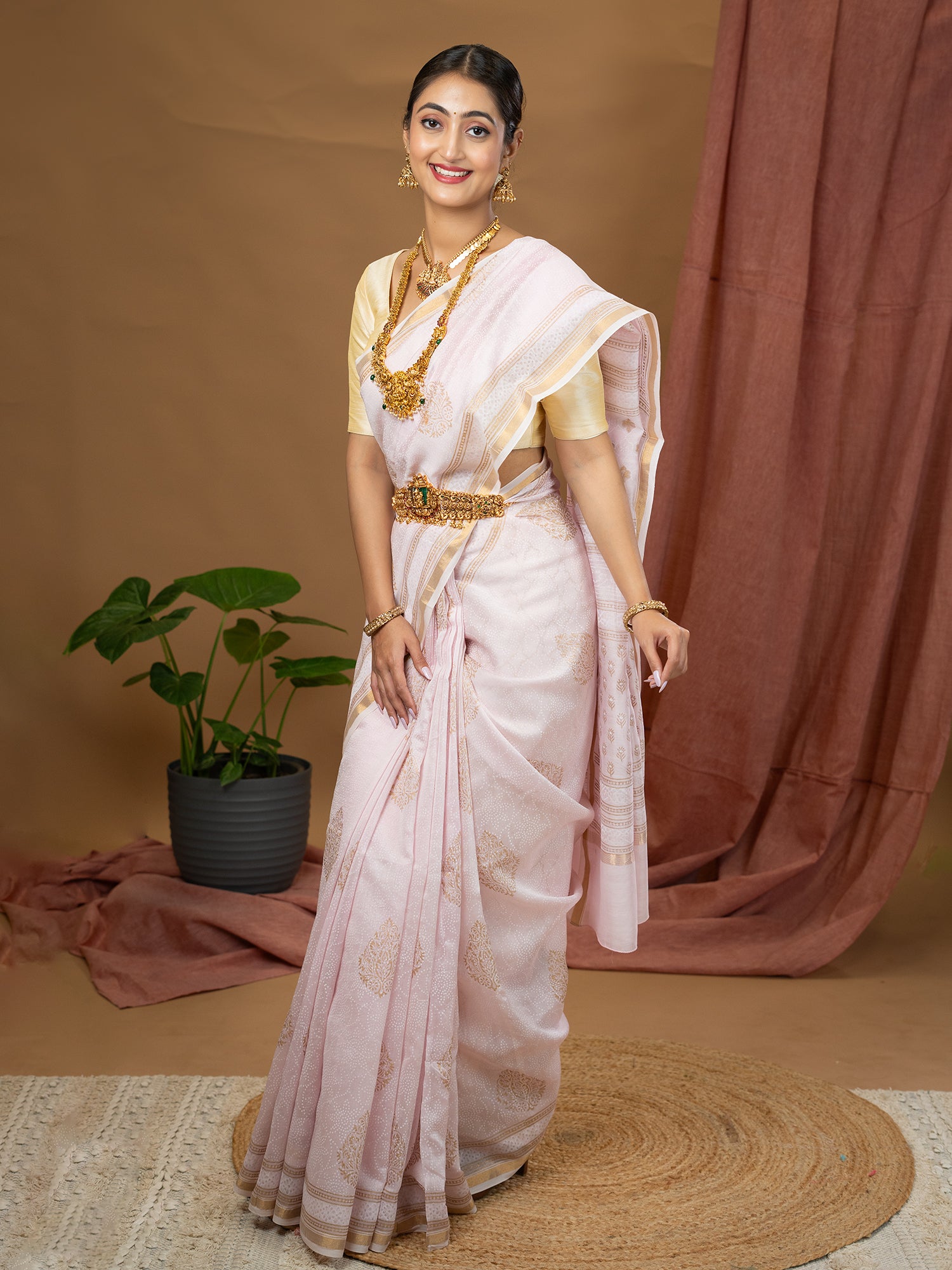 Malar Baby Pink Hand Block Print Saree