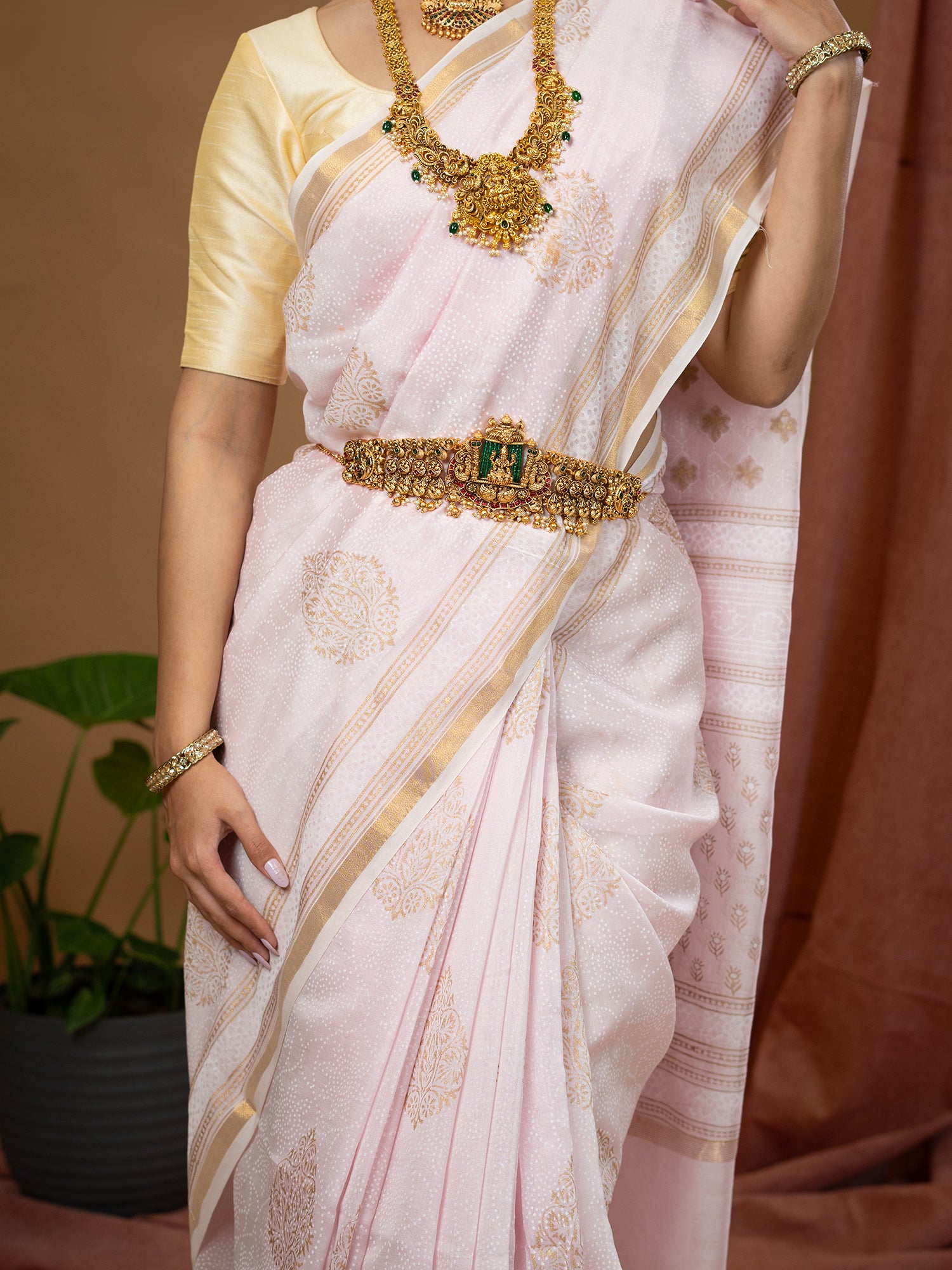 Malar Baby Pink Hand Block Print Saree
