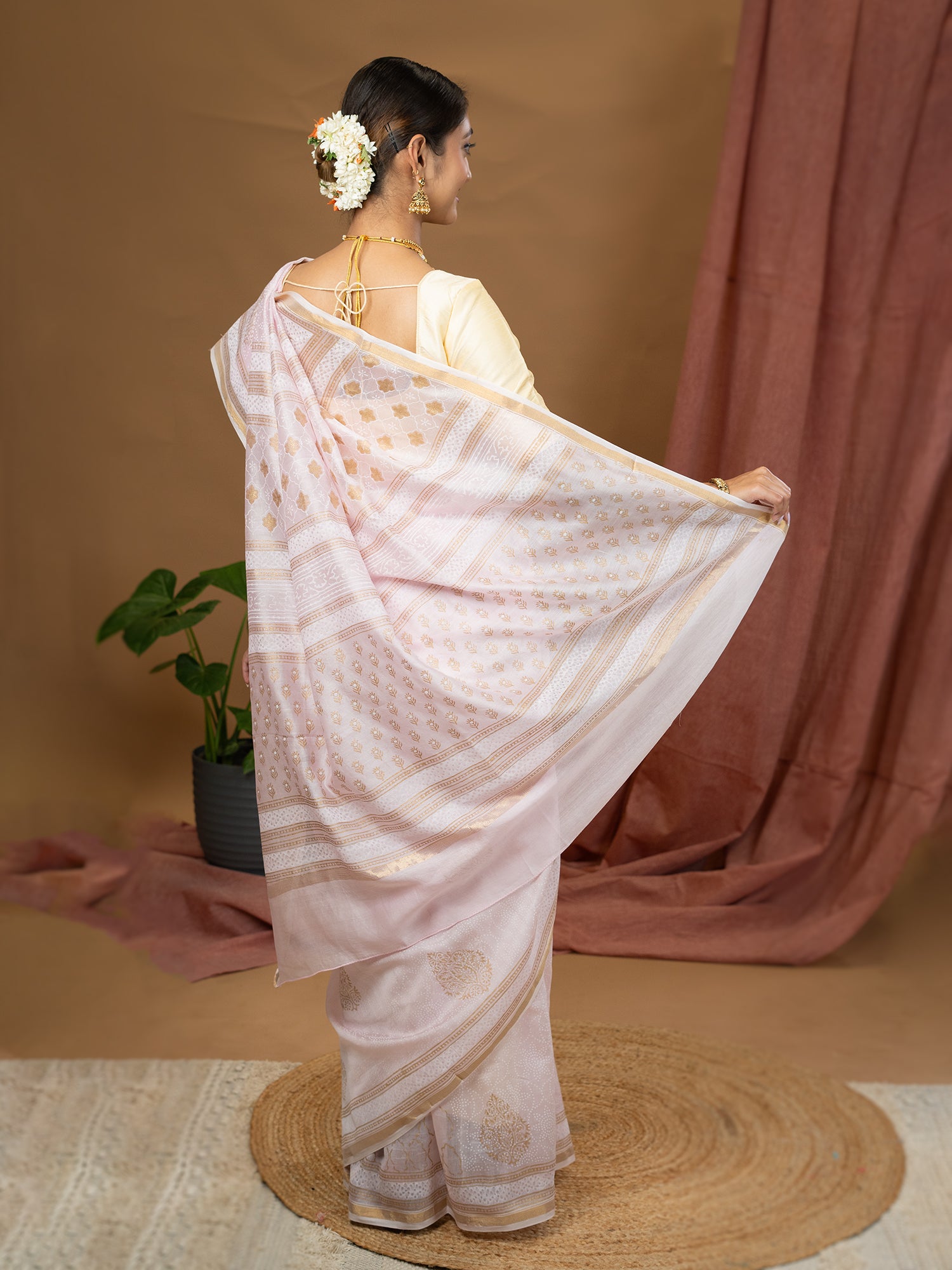 Malar Baby Pink Hand Block Print Saree