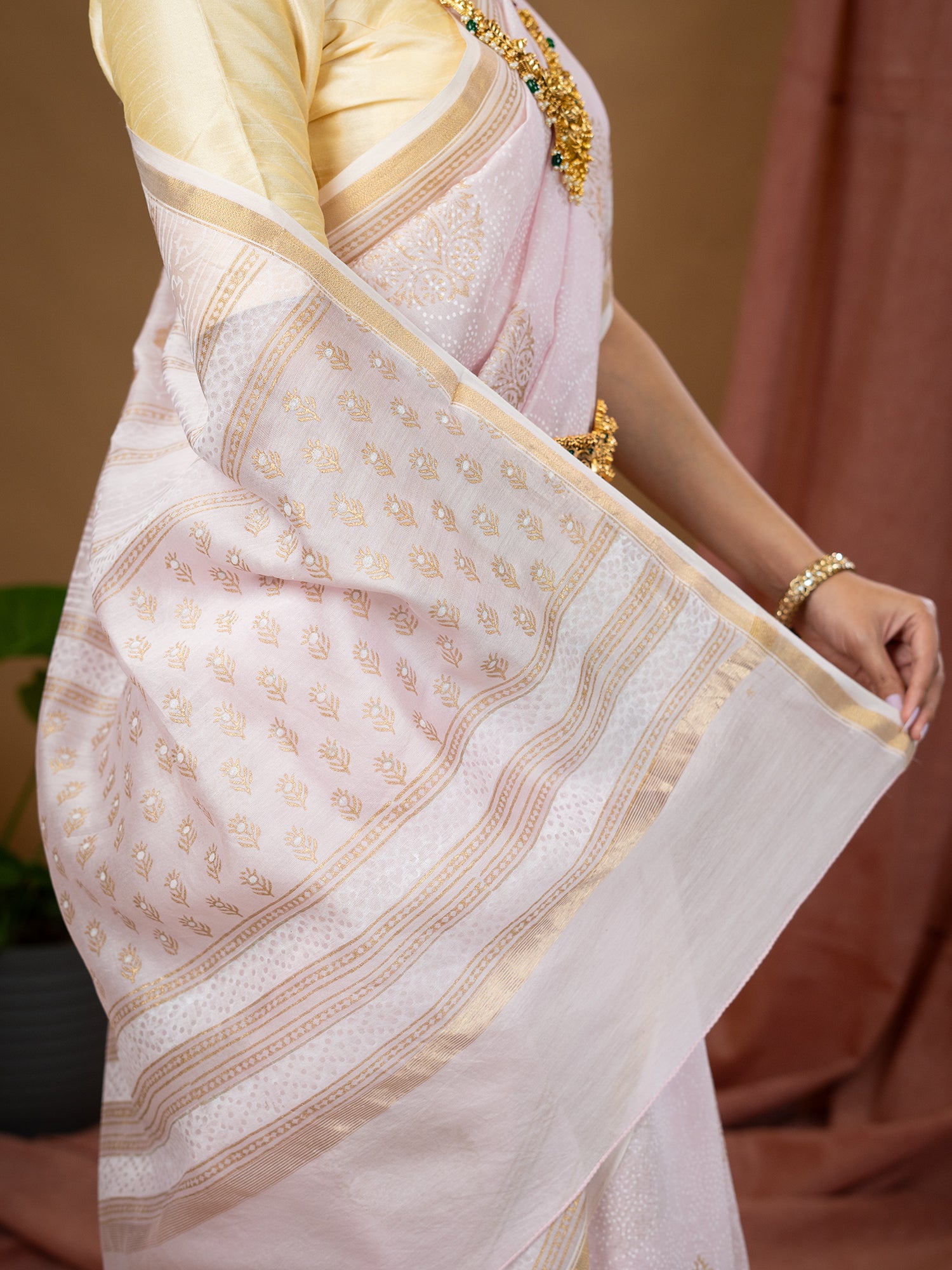 Malar Baby Pink Hand Block Print Saree