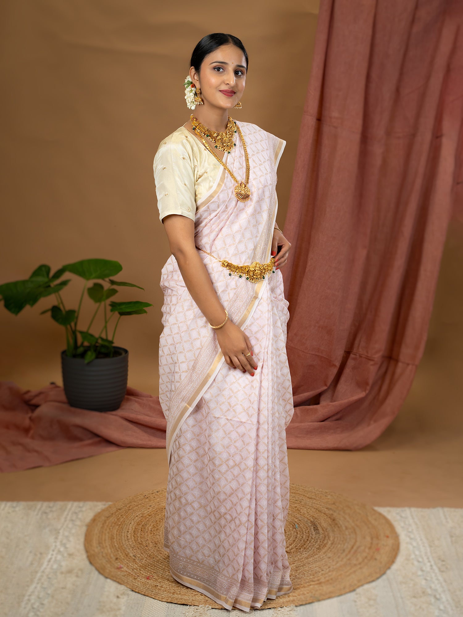 Malar Baby Pink Hand Block Print Saree