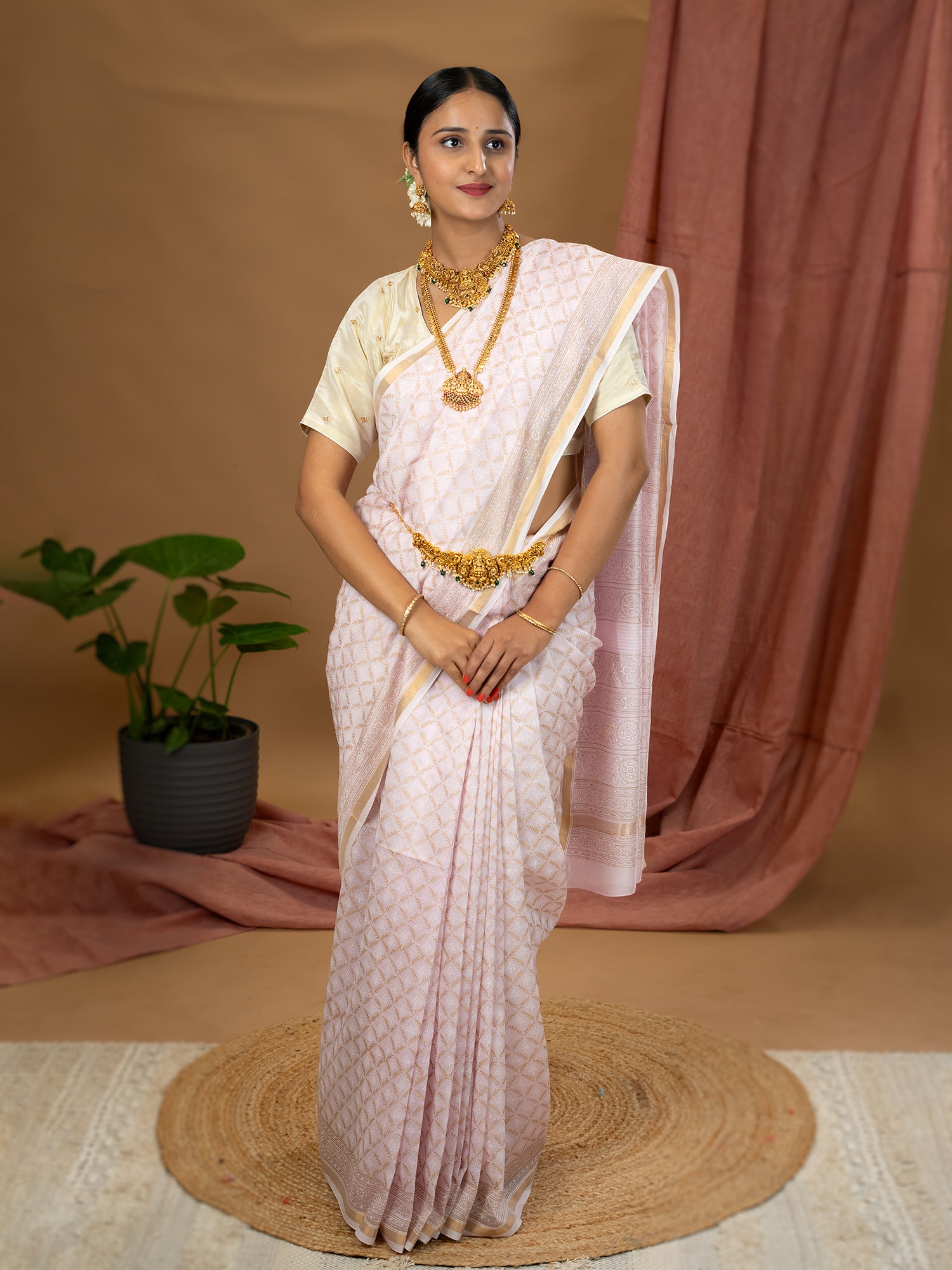 Malar Baby Pink Hand Block Print Saree