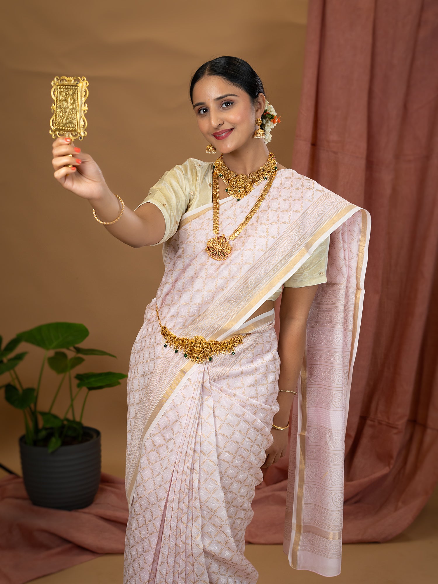 Malar Baby Pink Hand Block Print Saree