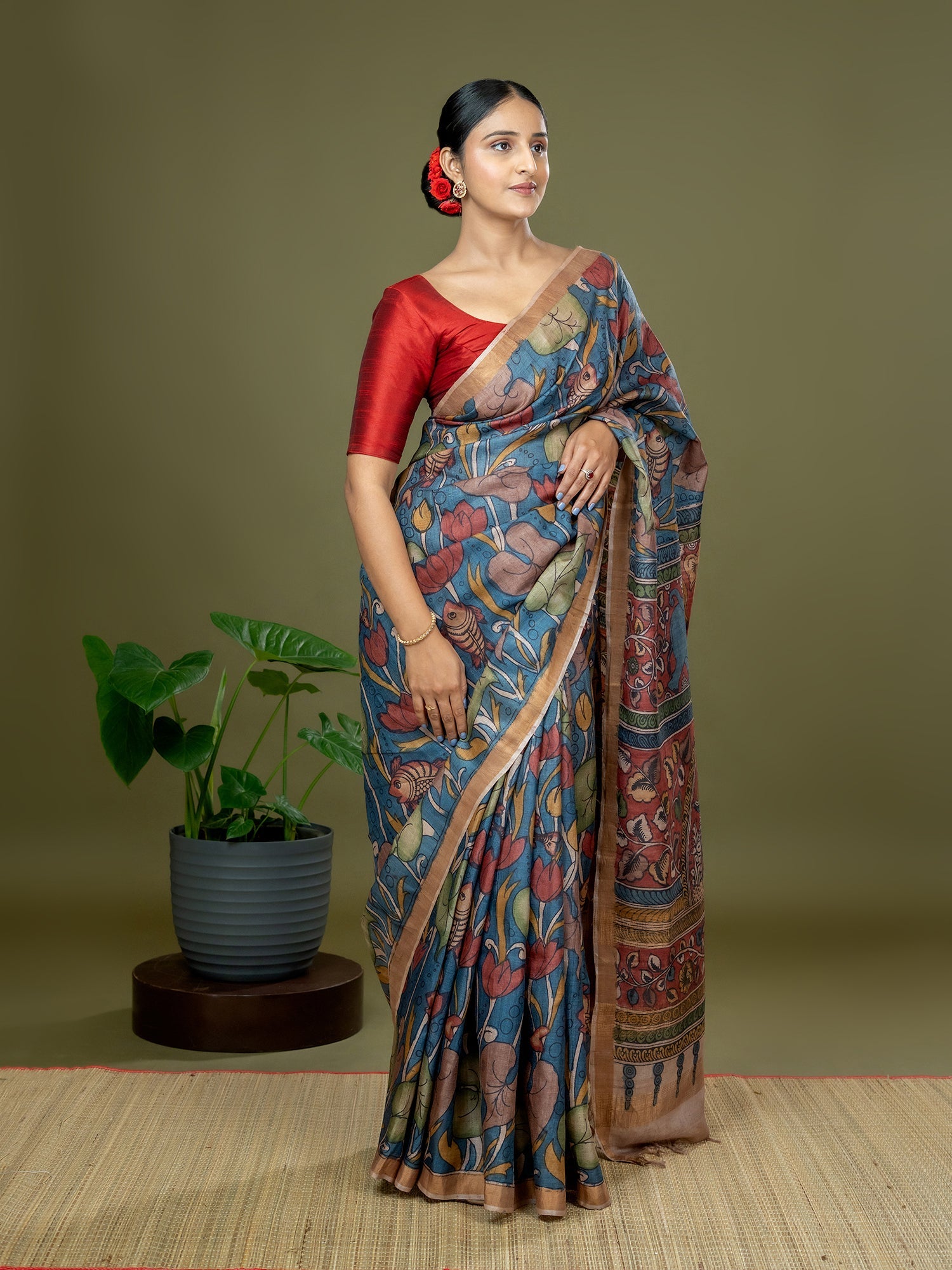Manjari Cobalt Blue Kalamkari Saree