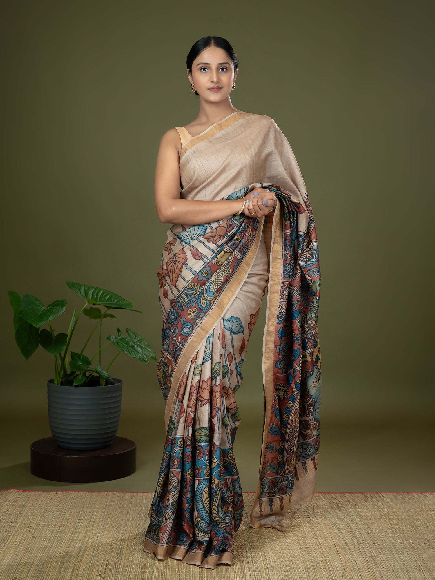 Manjari Beige Kalamkari Saree