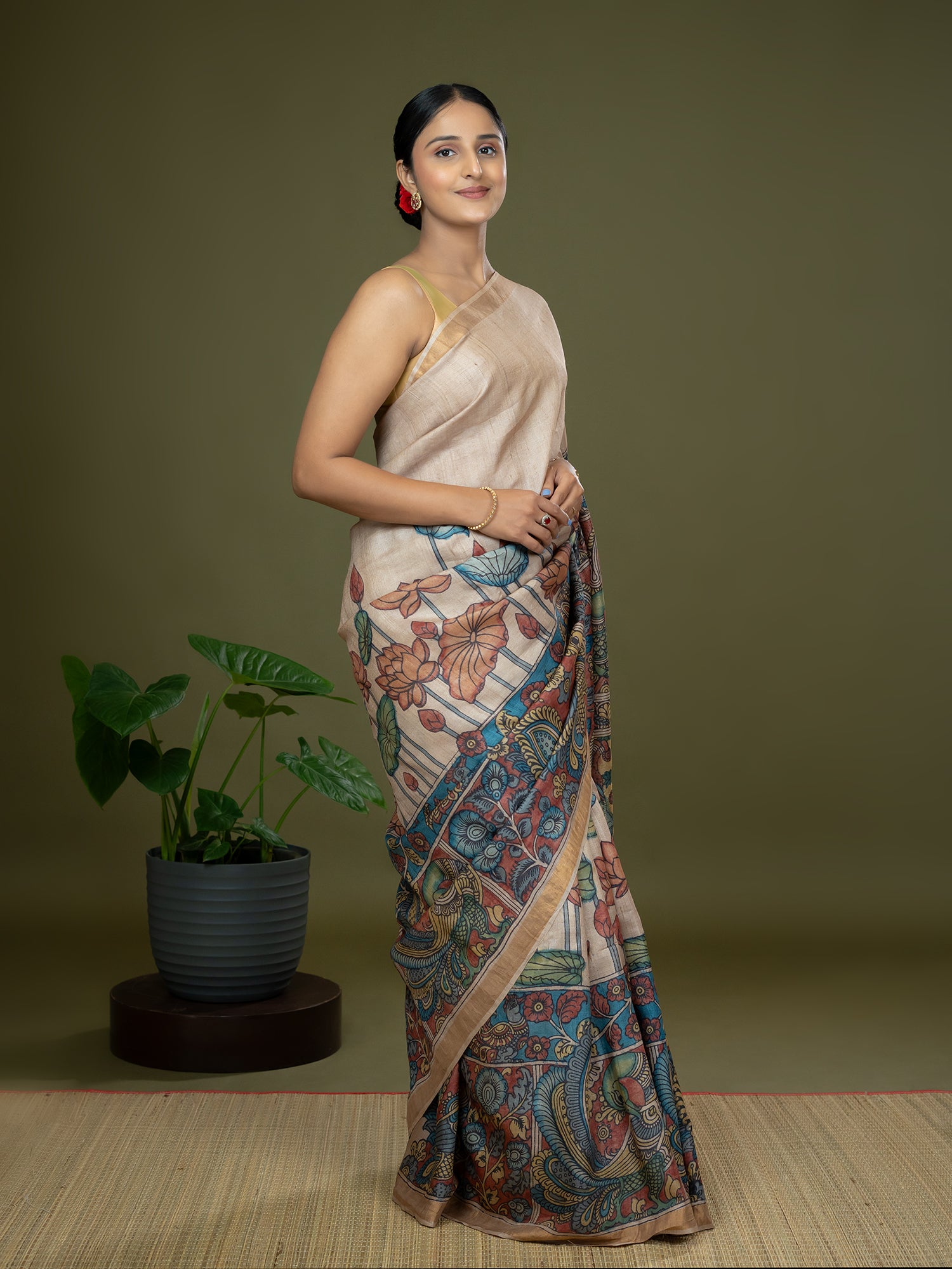 Manjari Beige Kalamkari Saree