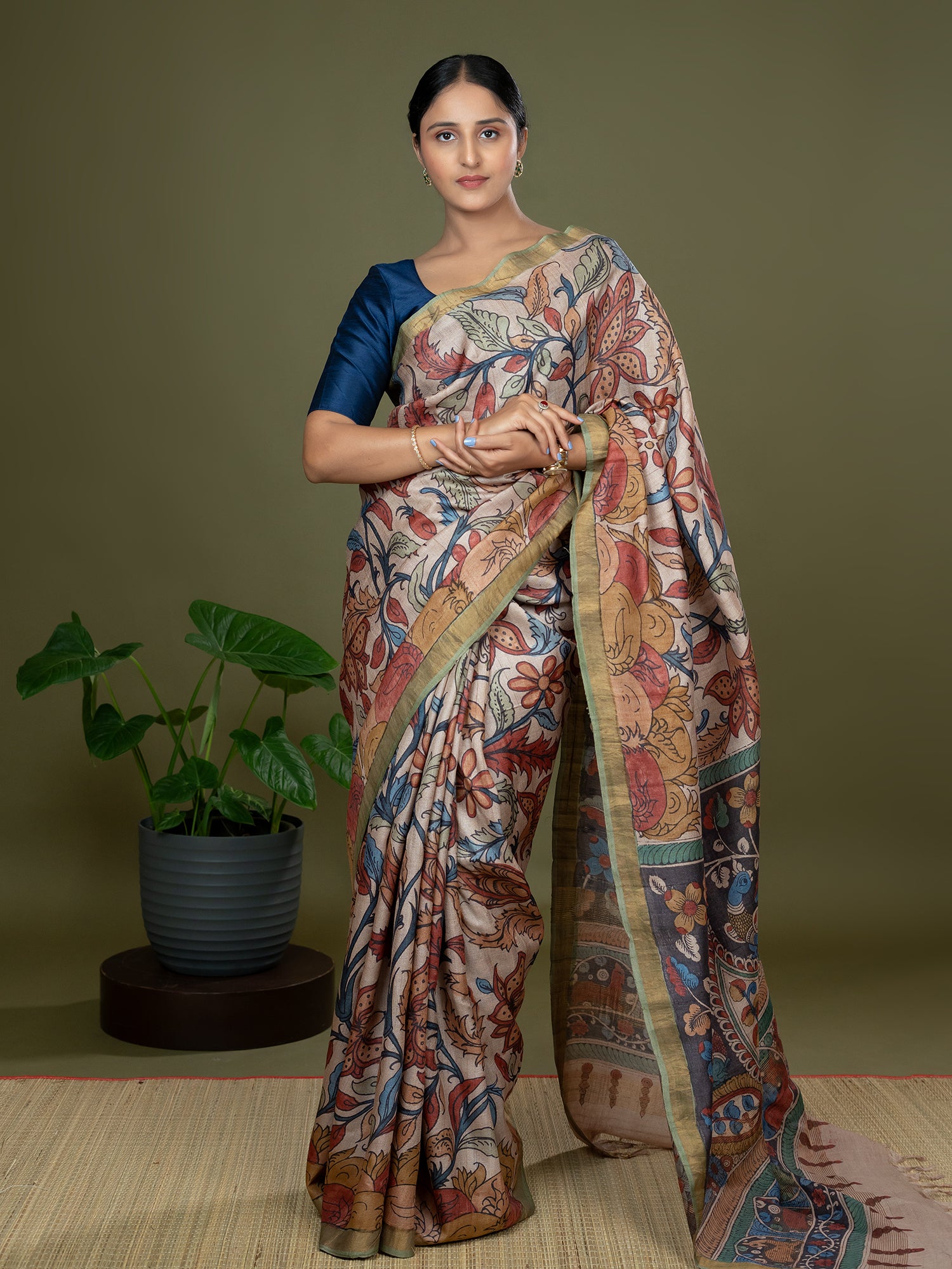 Manjari Light Brown Kalamkari Saree