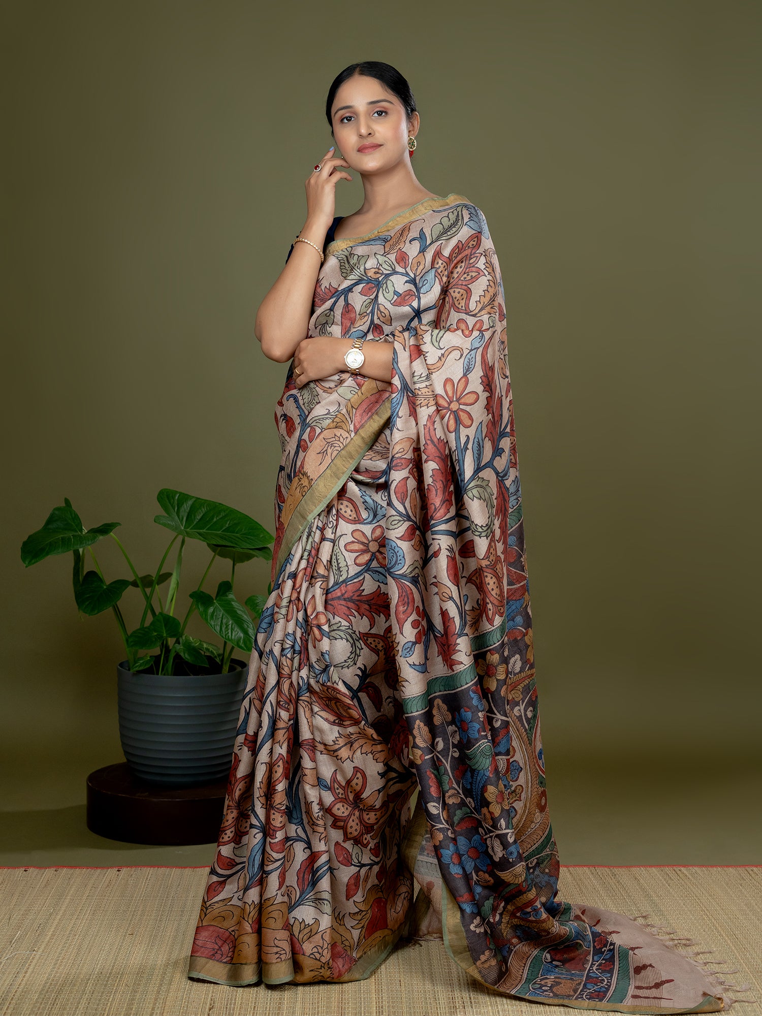Manjari Light Brown Kalamkari Saree
