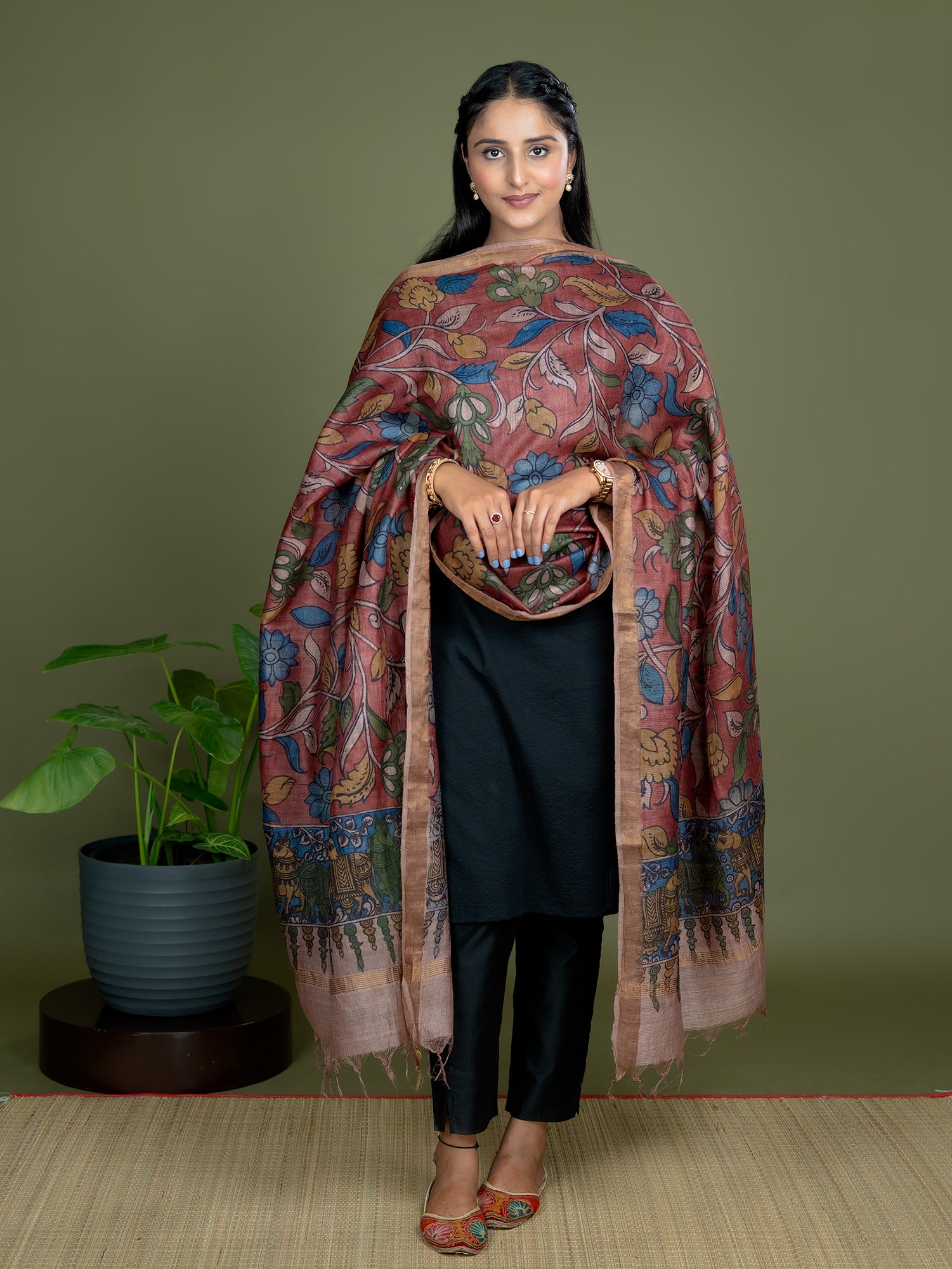 Alekha Maroon Kalamkari Dupatta