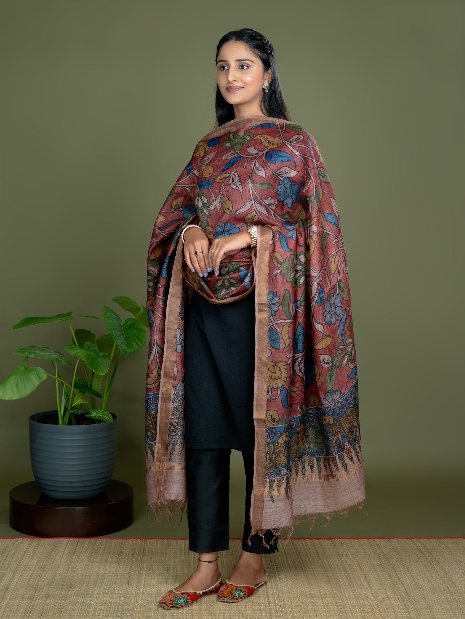 Alekha Maroon Kalamkari Dupatta
