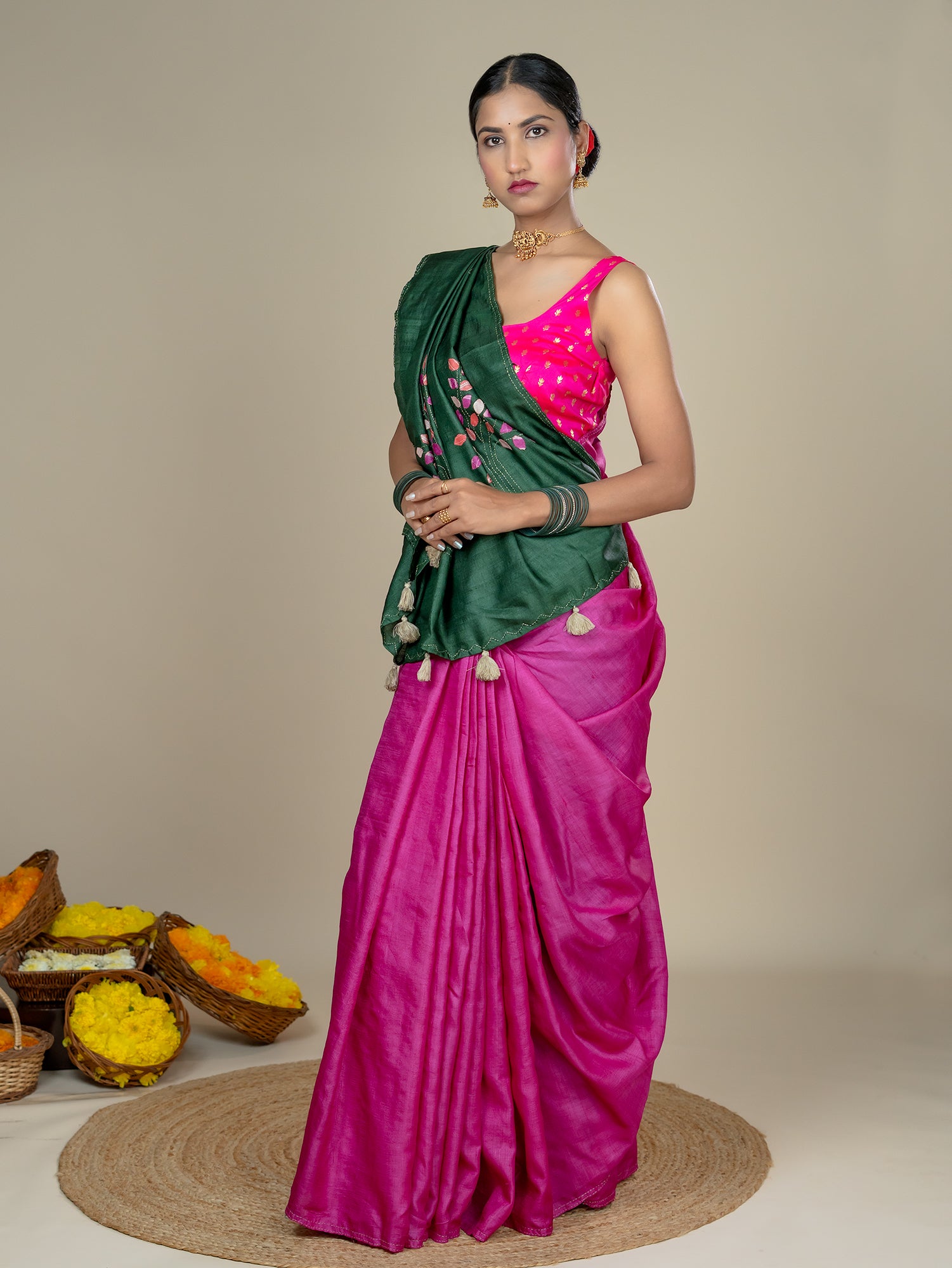 Kalpavruksha Pink Hand Embroidery Applique Saree