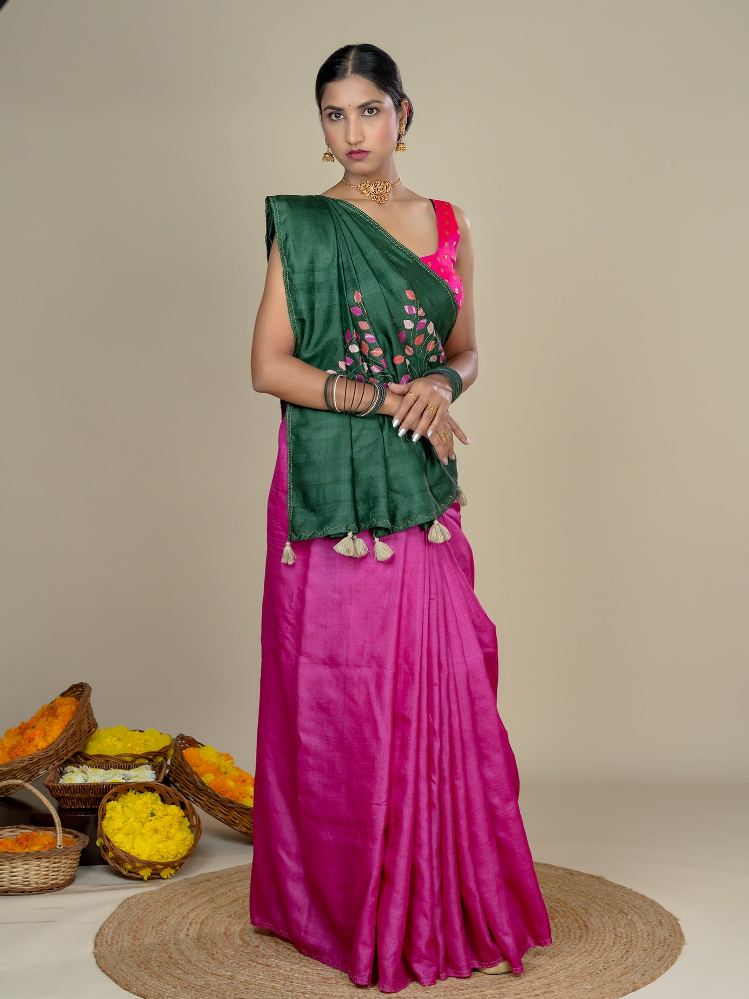 Kalpavruksha Pink Hand Embroidery Applique Saree