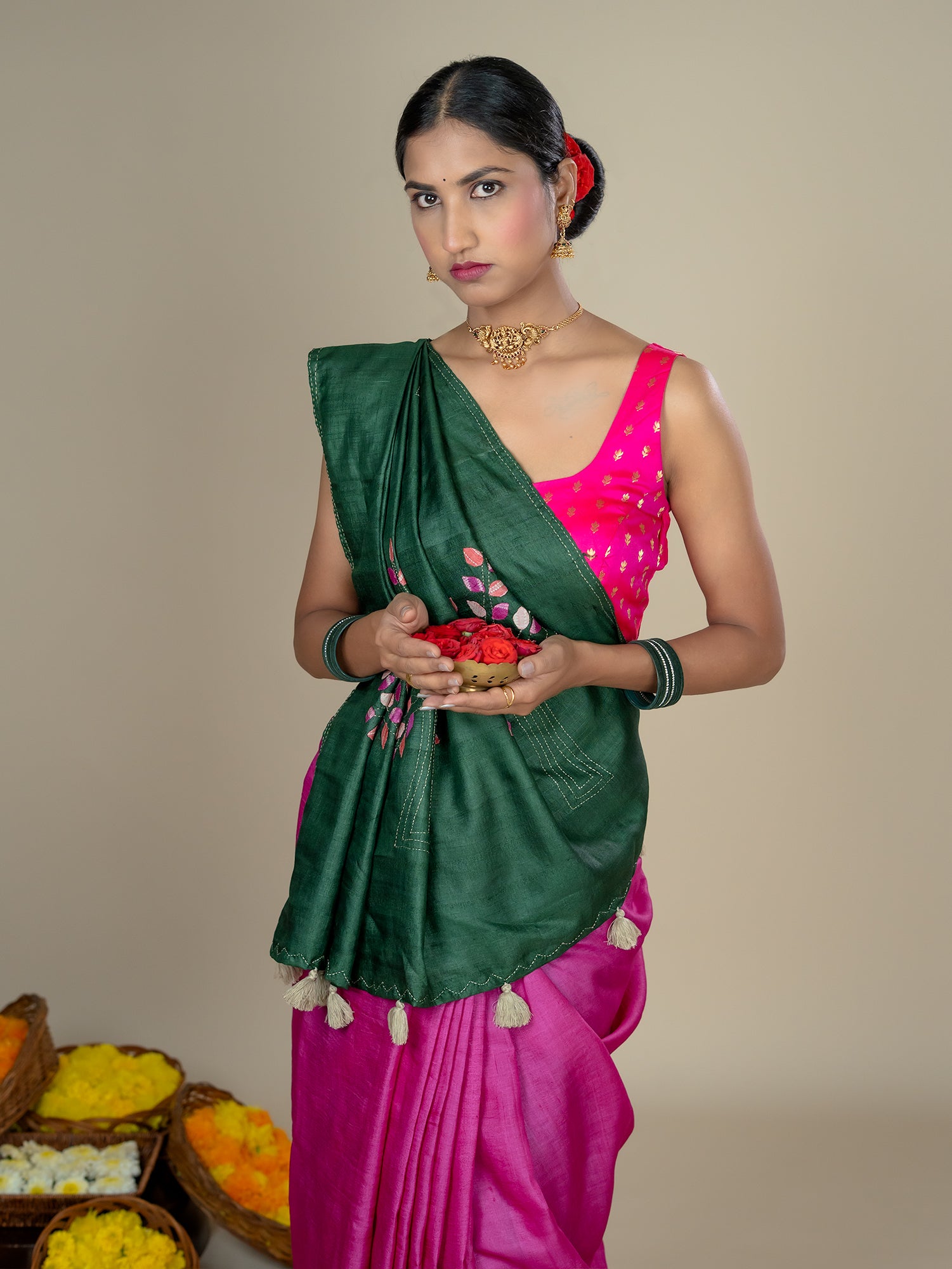 Kalpavruksha Pink Hand Embroidery Applique Saree