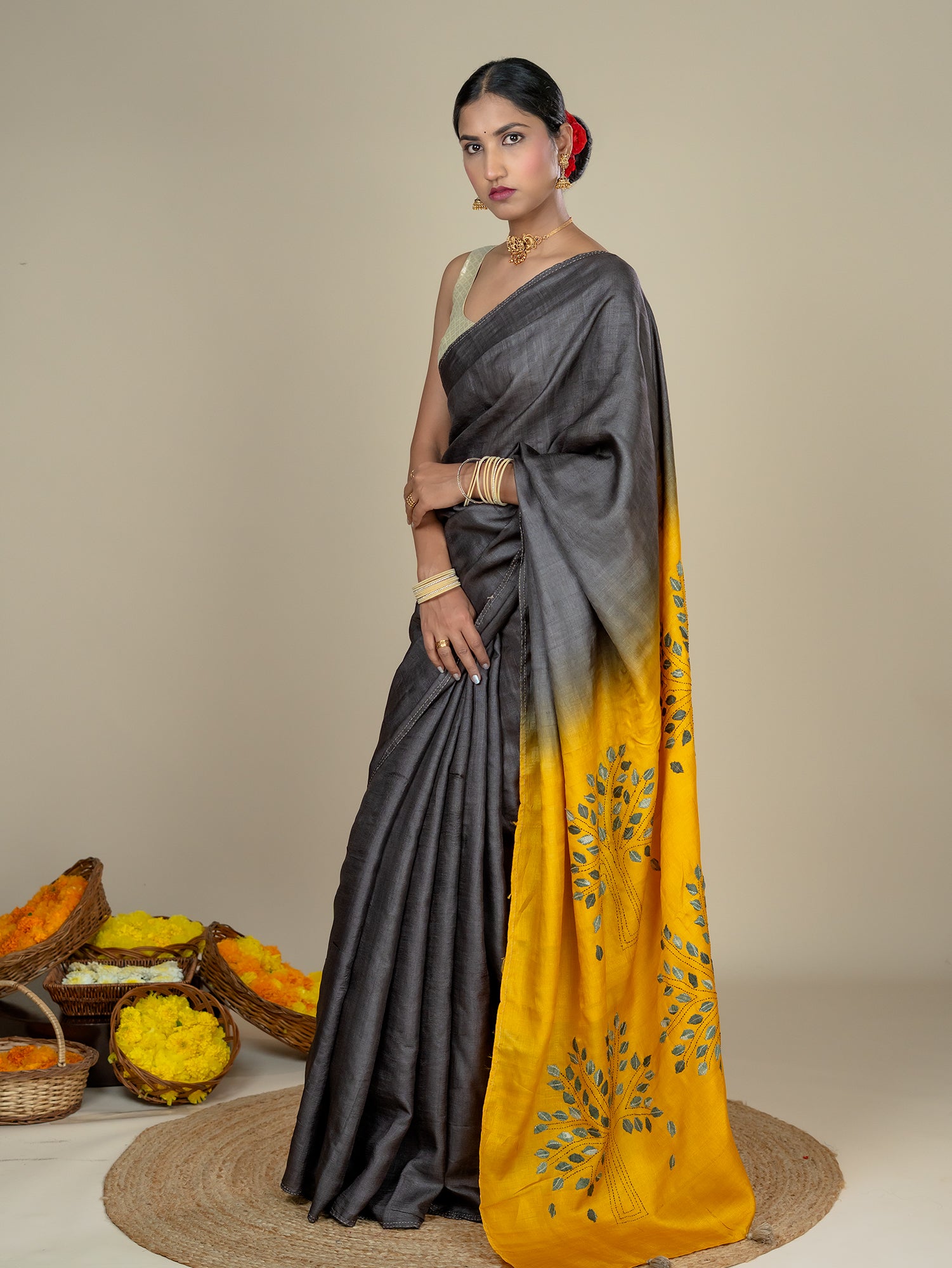 Kalpavruksha Mustard Hand Embroidery Applique Saree