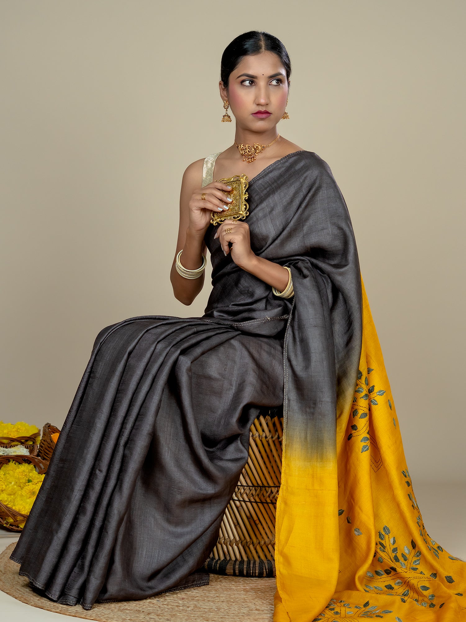 Kalpavruksha Mustard Hand Embroidery Applique Saree