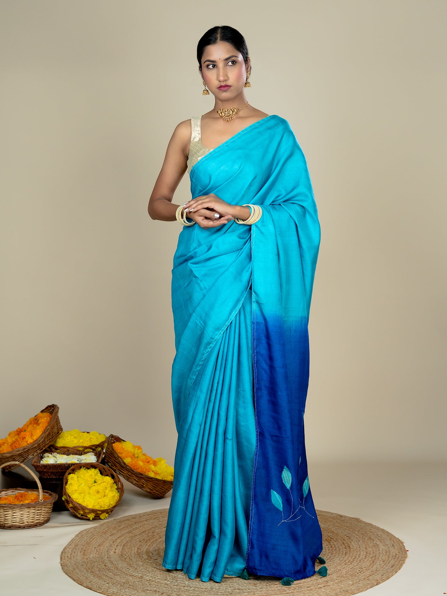 Sugandha Turquoise Hand Embroidery Applique Saree
