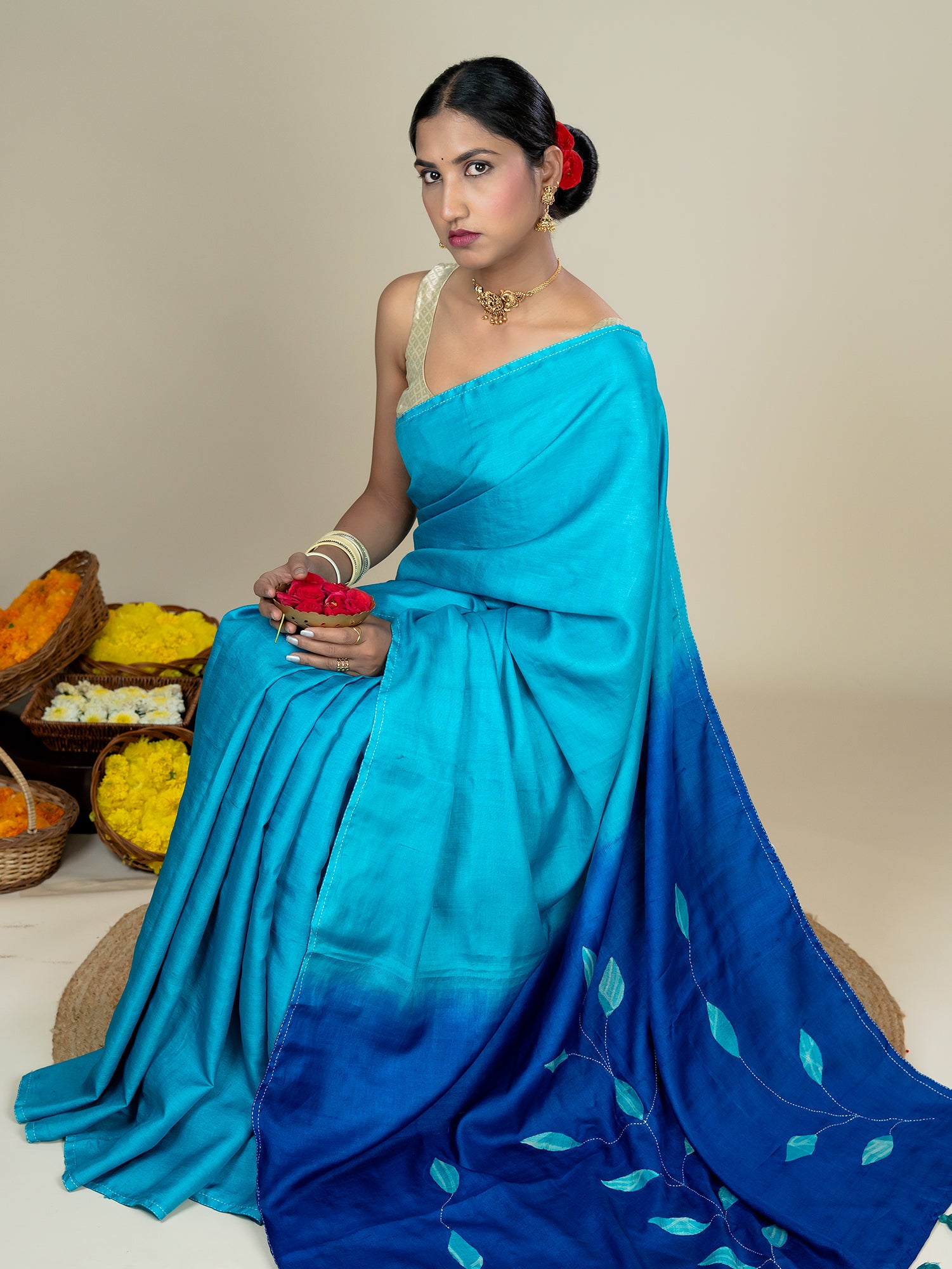Sugandha Turquoise Hand Embroidery Applique Saree