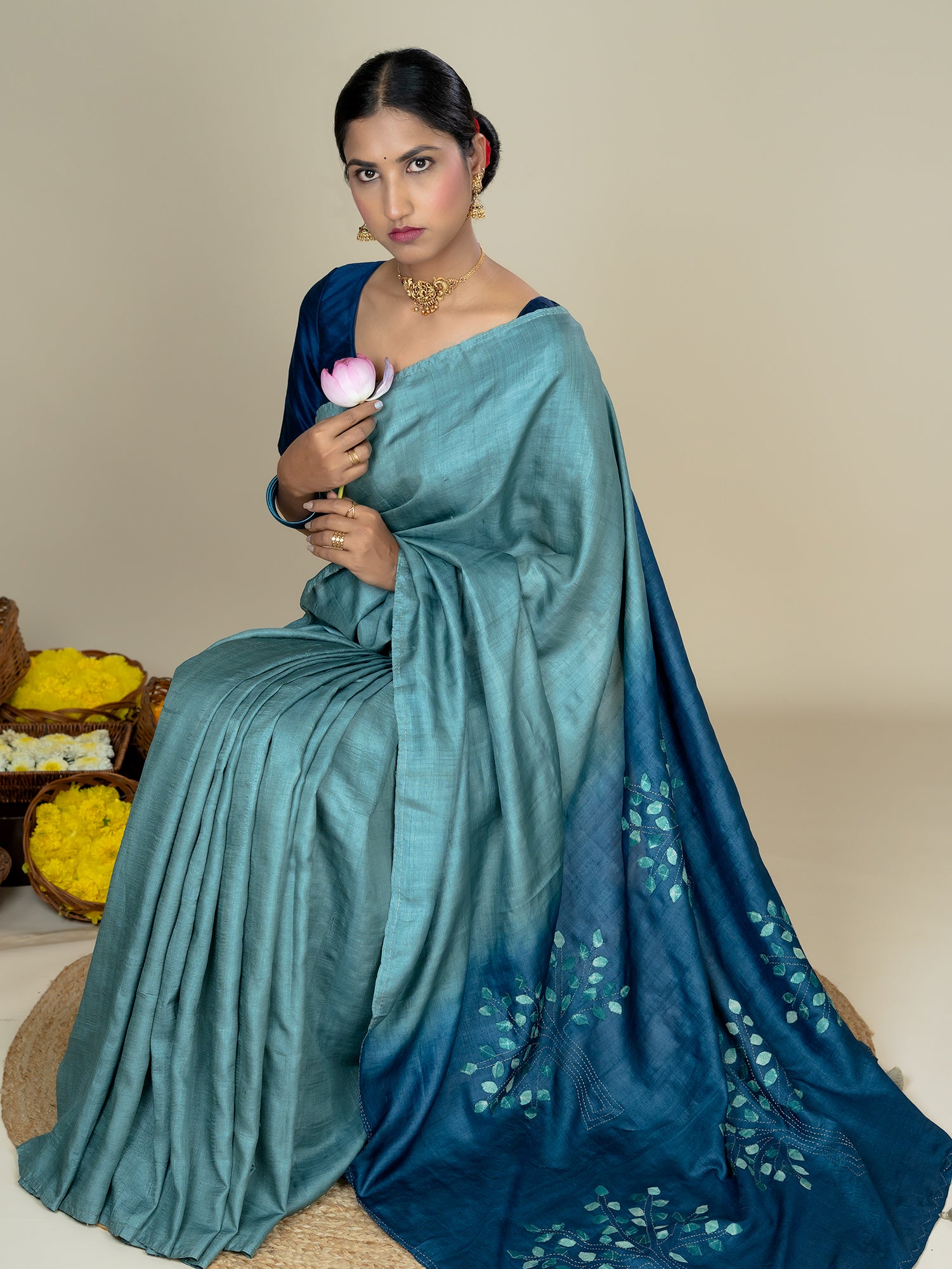 Kalpavruksha Indigo Hand Embroidery Applique Saree