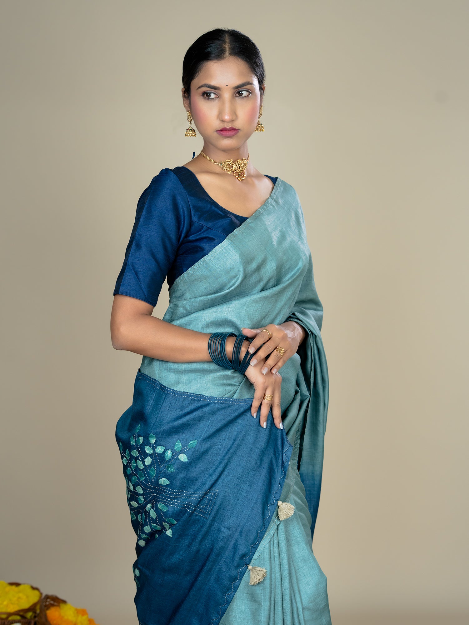 Kalpavruksha Indigo Hand Embroidery Applique Saree