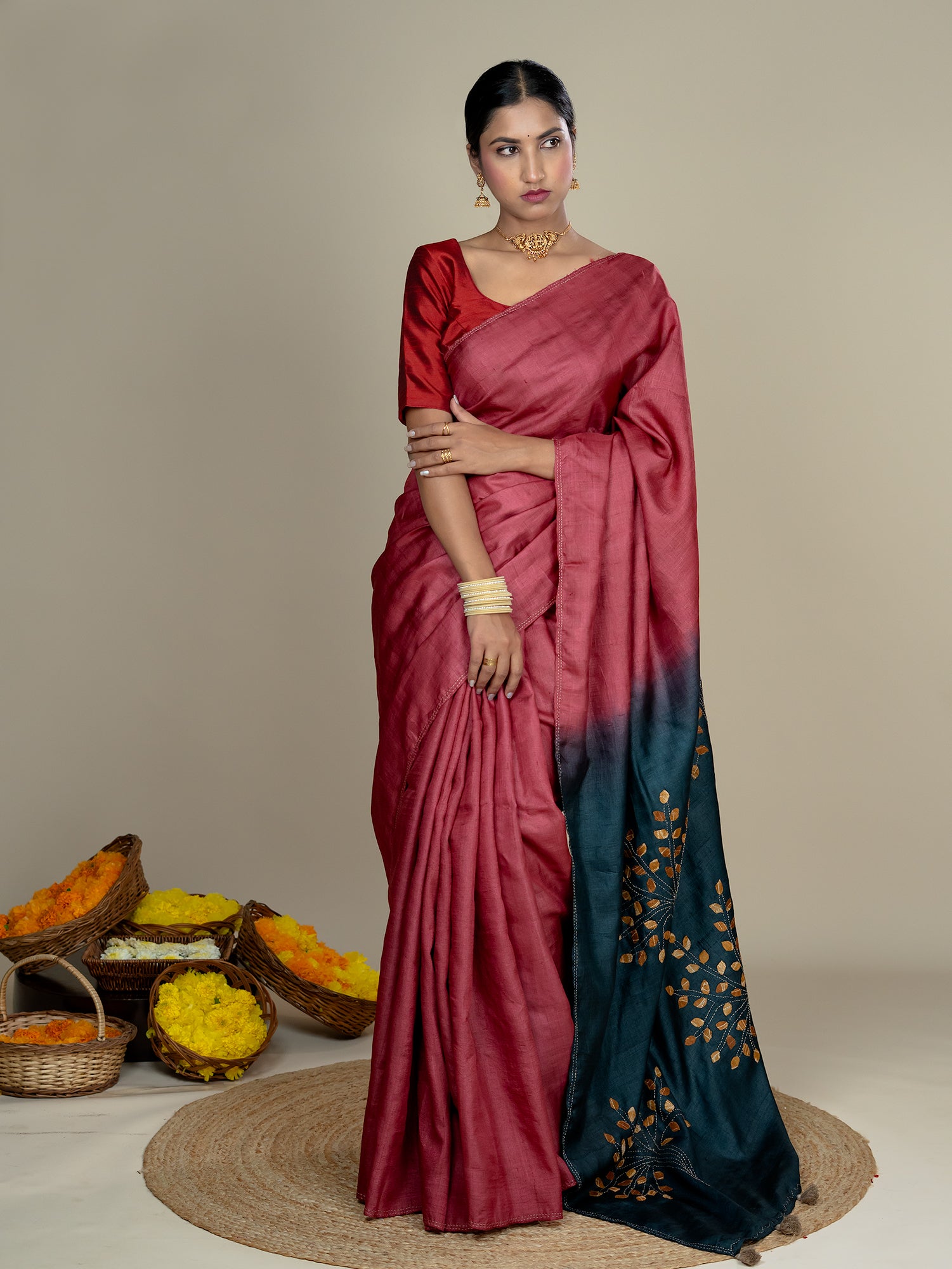Kalpavruksha Red Hand Embroidery Applique Saree