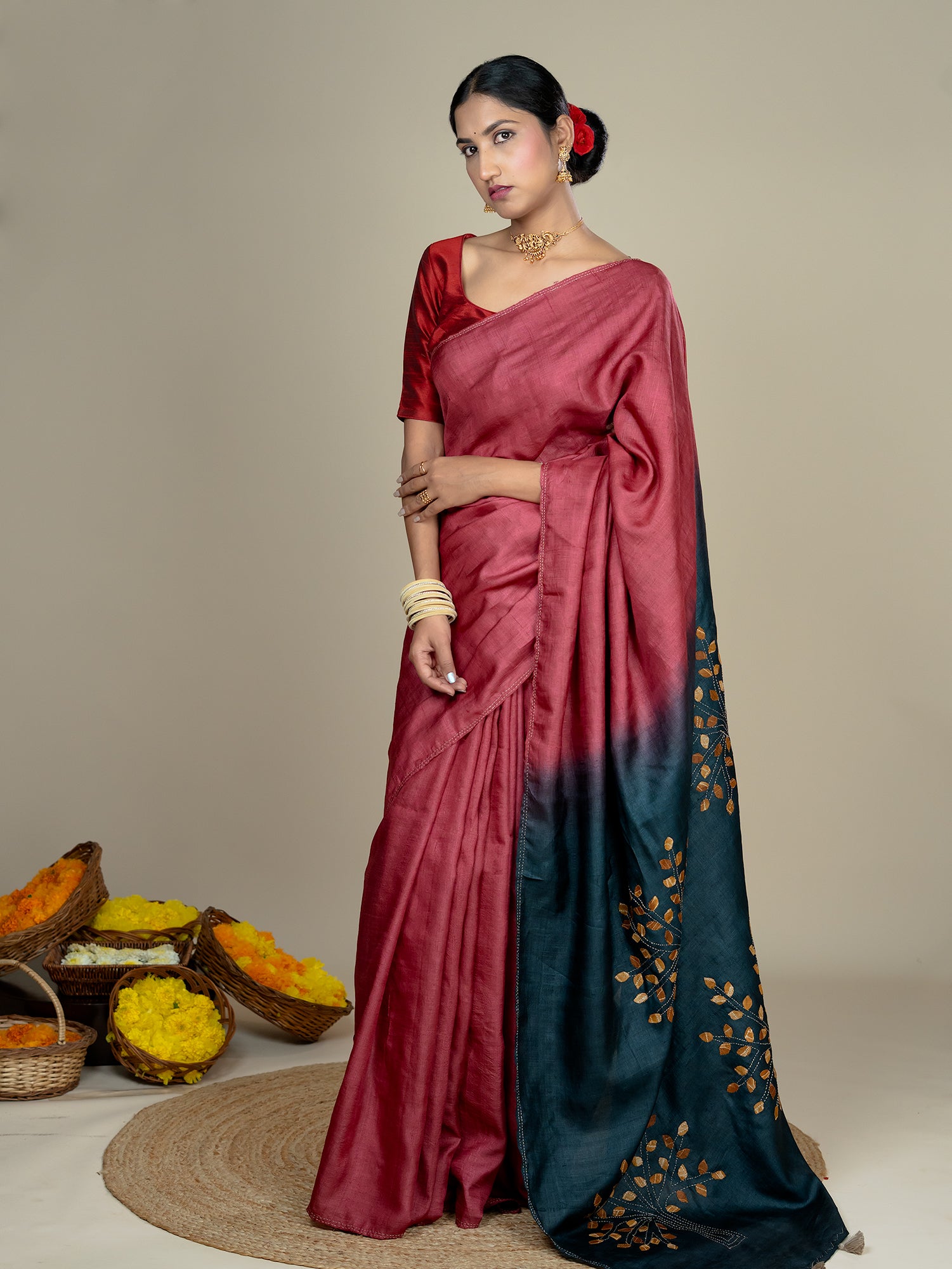 Kalpavruksha Red Hand Embroidery Applique Saree
