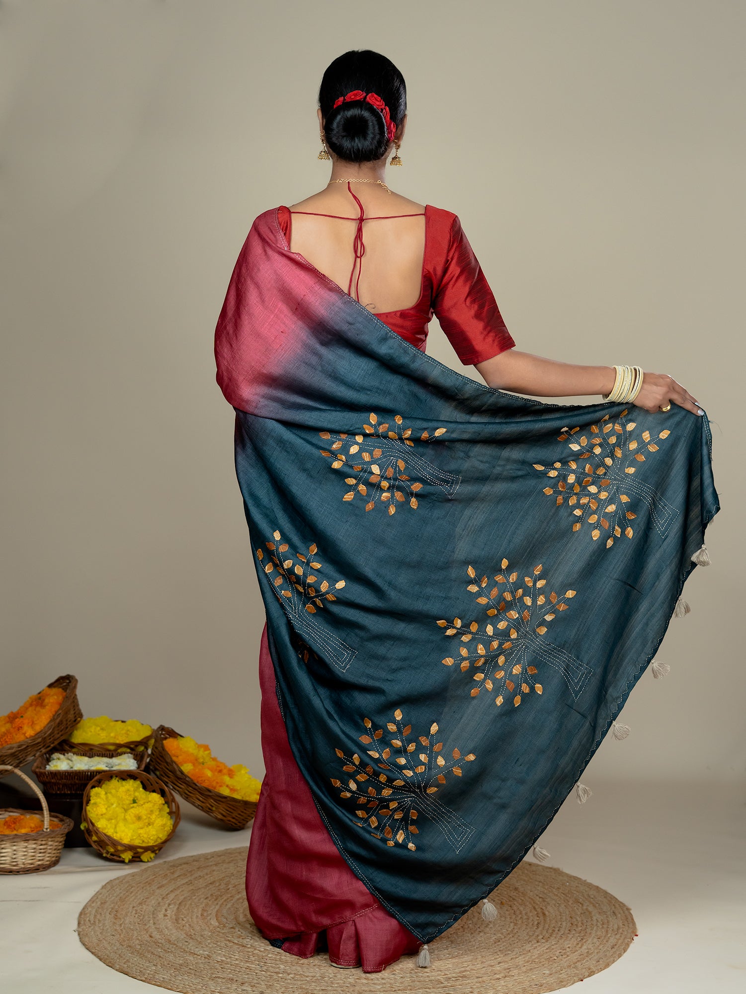 Kalpavruksha Red Hand Embroidery Applique Saree