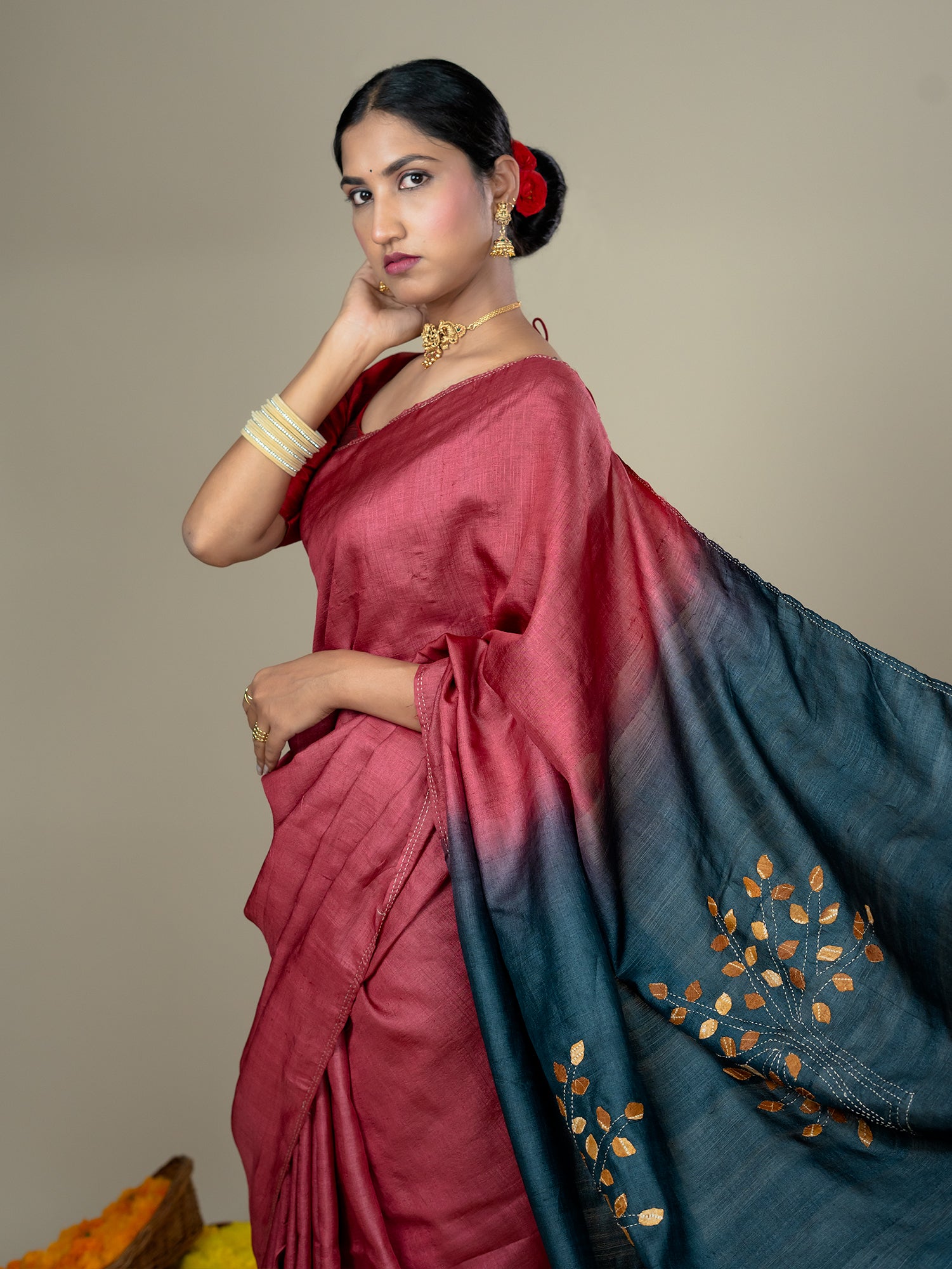 Kalpavruksha Red Hand Embroidery Applique Saree