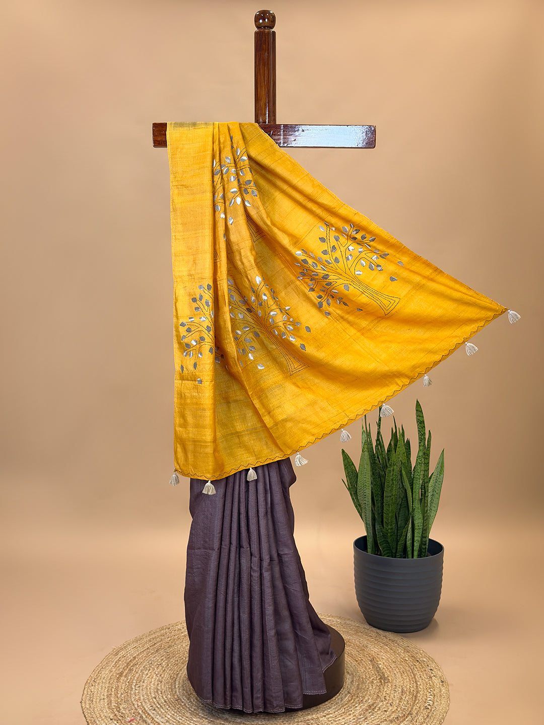 Kalpavruksha Mustard Hand Embroidery Applique Saree