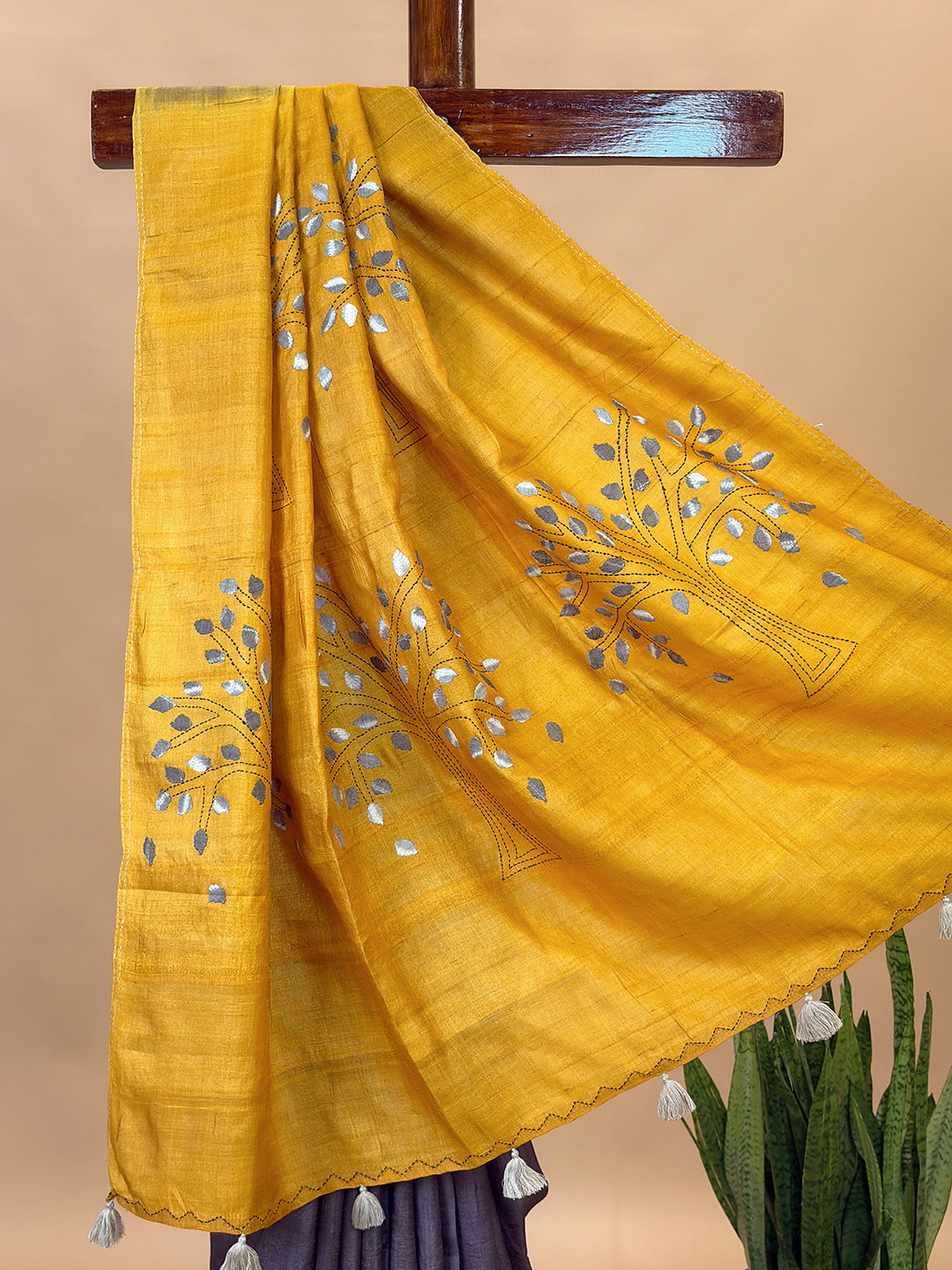 Kalpavruksha Mustard Hand Embroidery Applique Saree