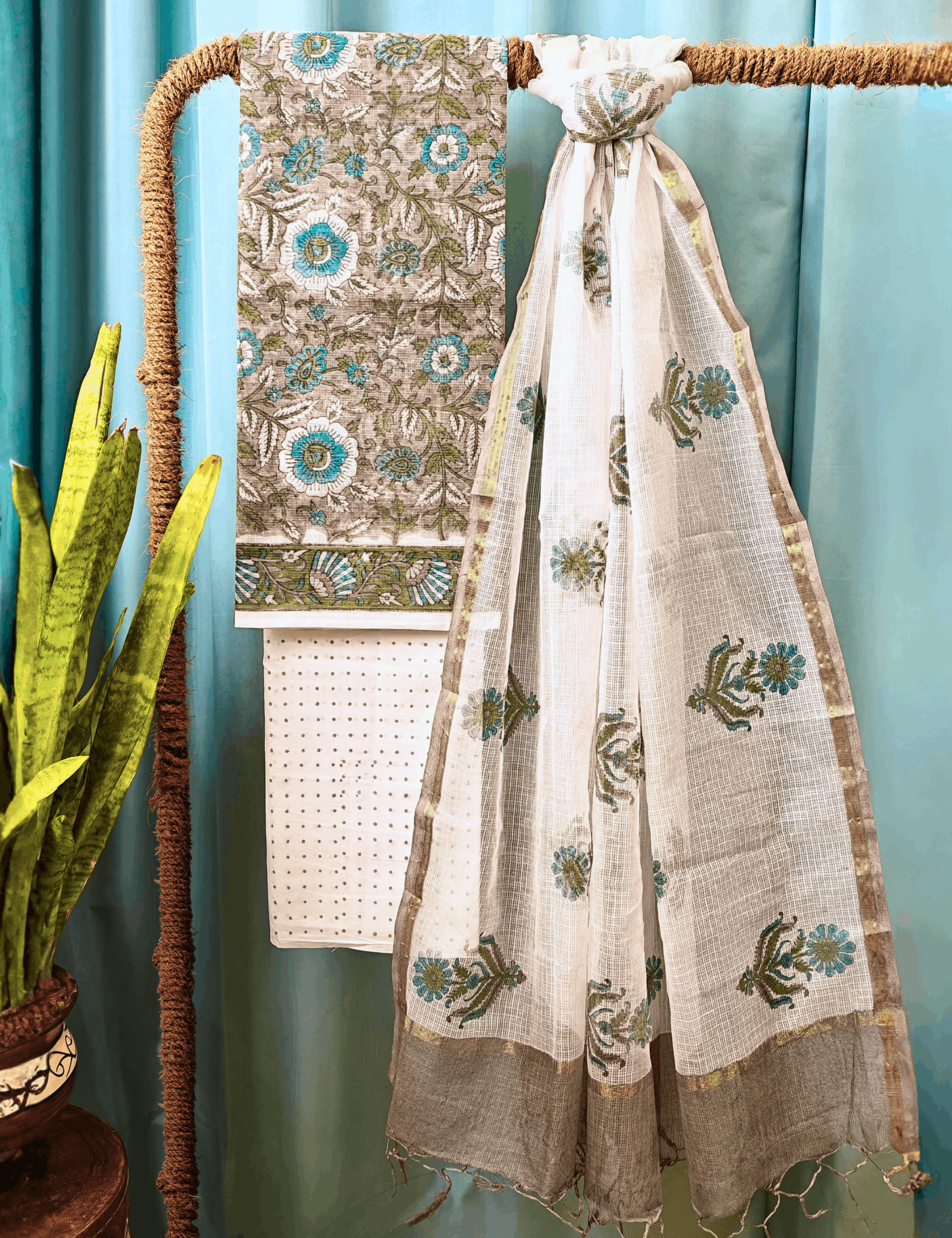 Vaayu Grey Bagru Dress Material