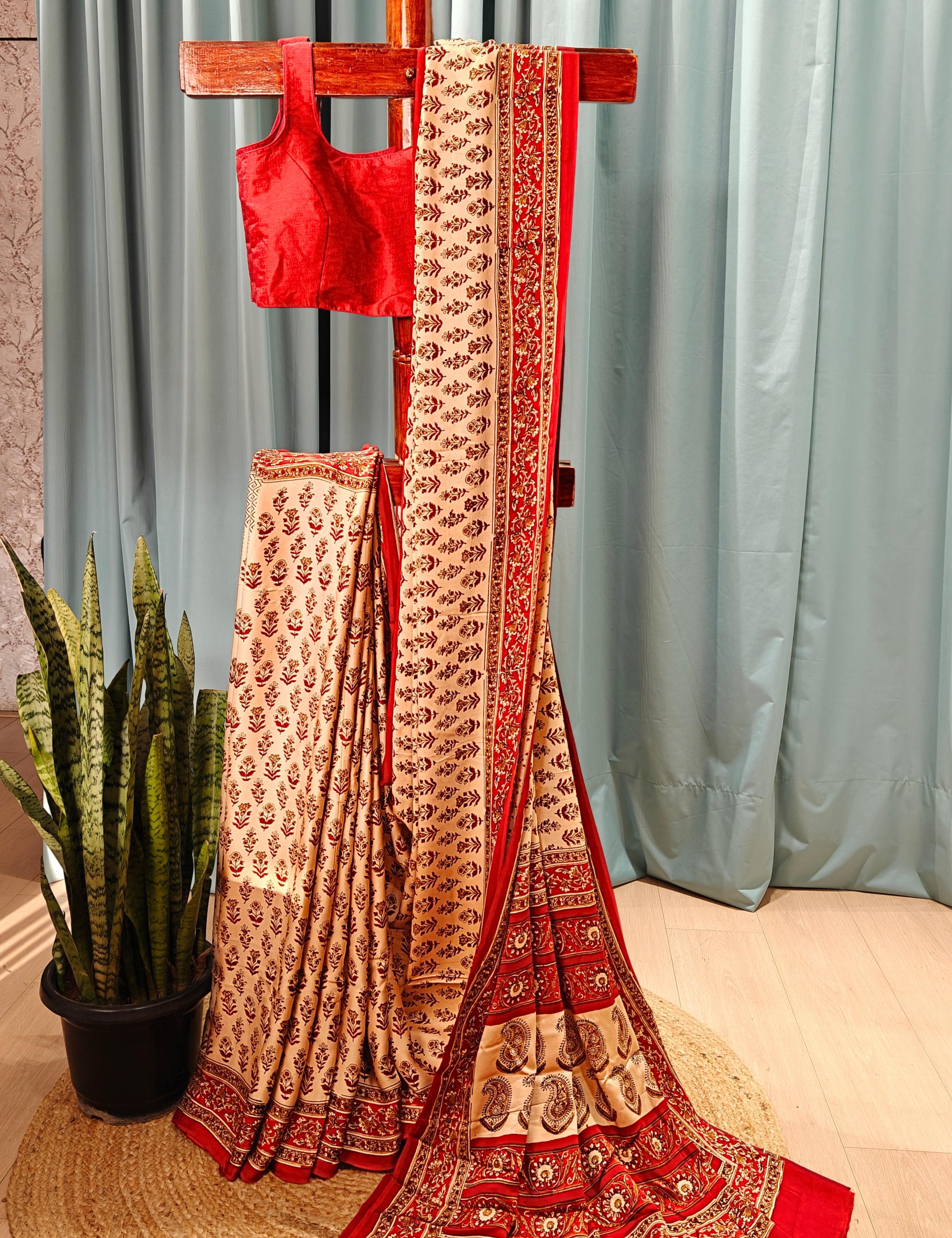 Upvan Beige Bagru Saree